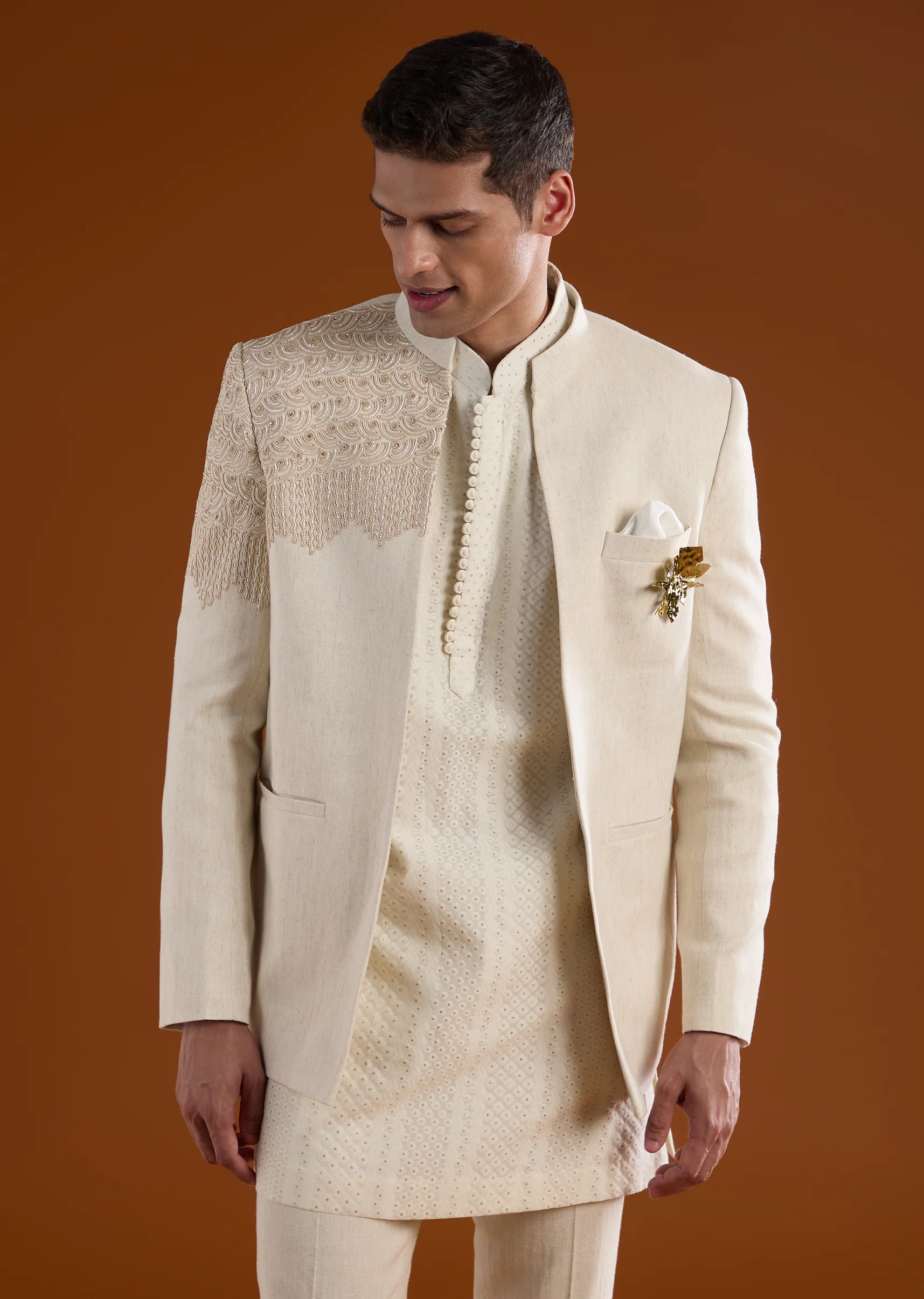 Off White Classic Kurta Jacket Set - Image 4