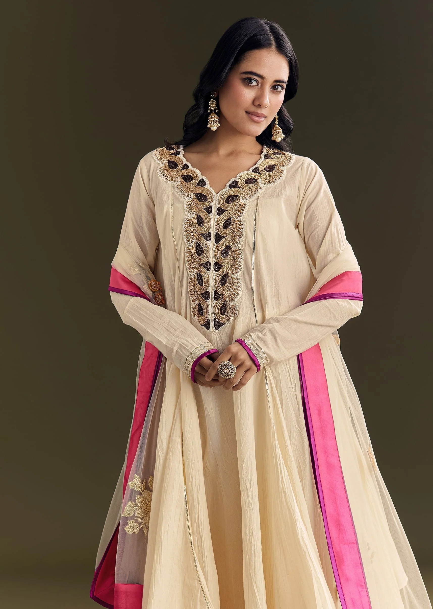 Off White Cora Cotton Asymmetrical Kurta Palazzo With Net Dupatta - Image 4