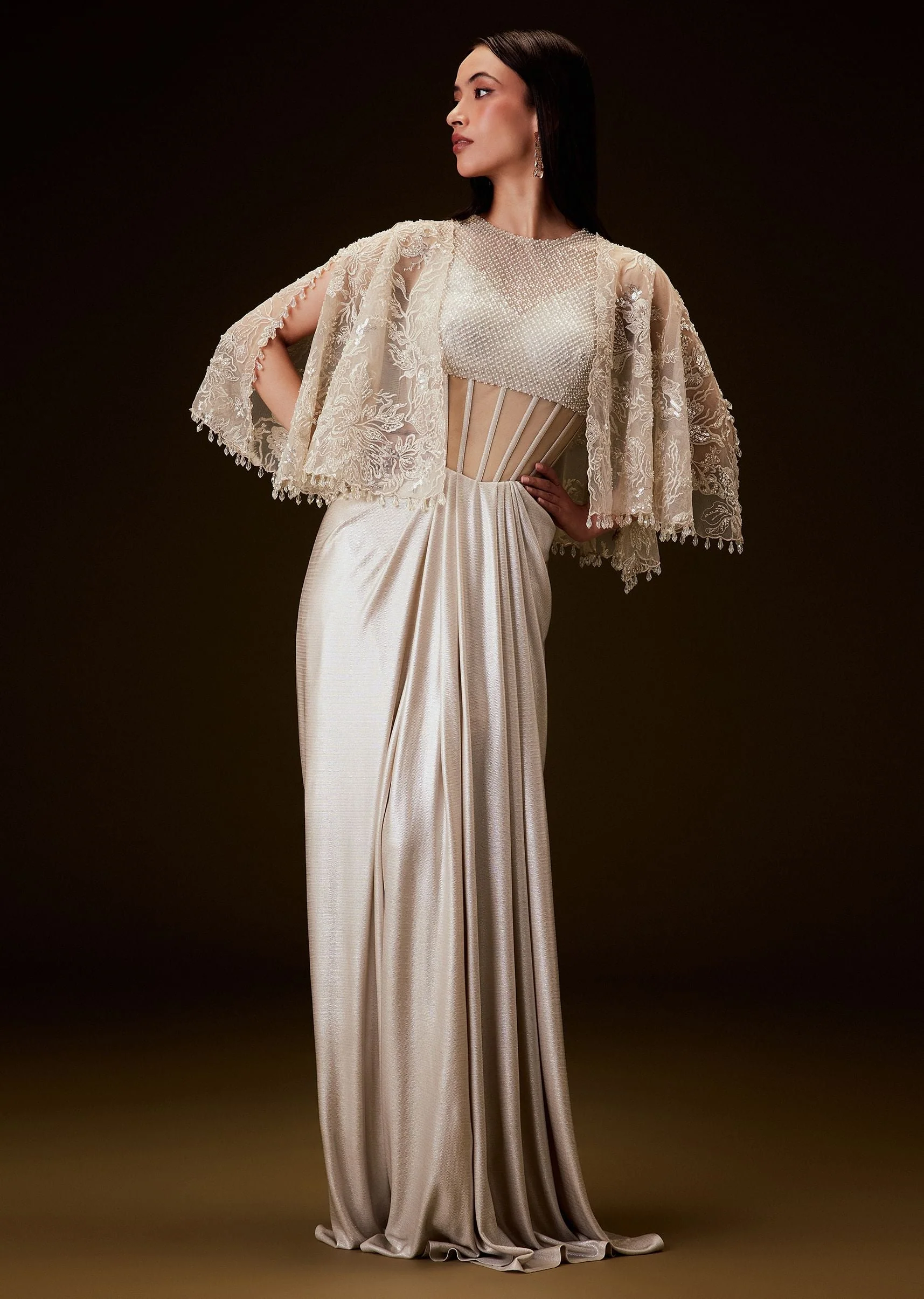 Off White Corset Gown With Sheer Waistline And Embroidered Cape - Image 3