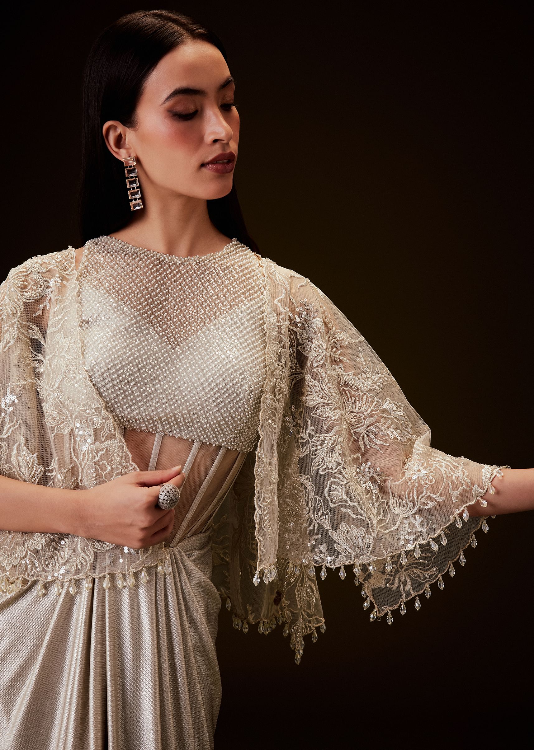 Off White Corset Gown With Sheer Waistline And Embroidered Cape - Image 5