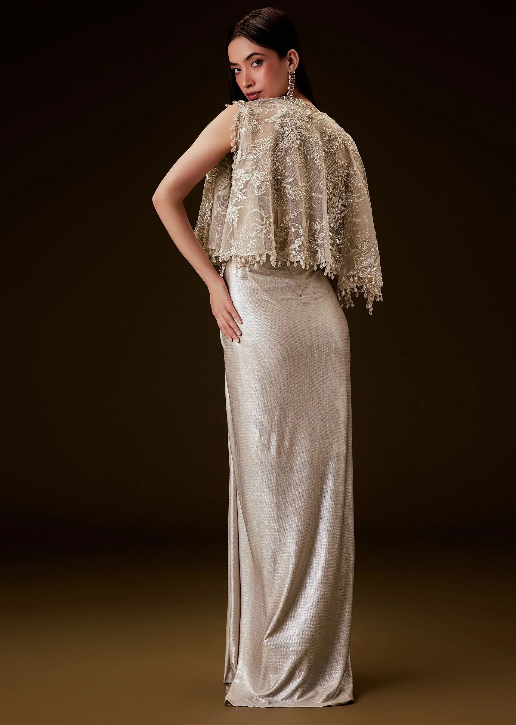 Off White Corset Gown With Sheer Waistline And Embroidered Cape - Image 6