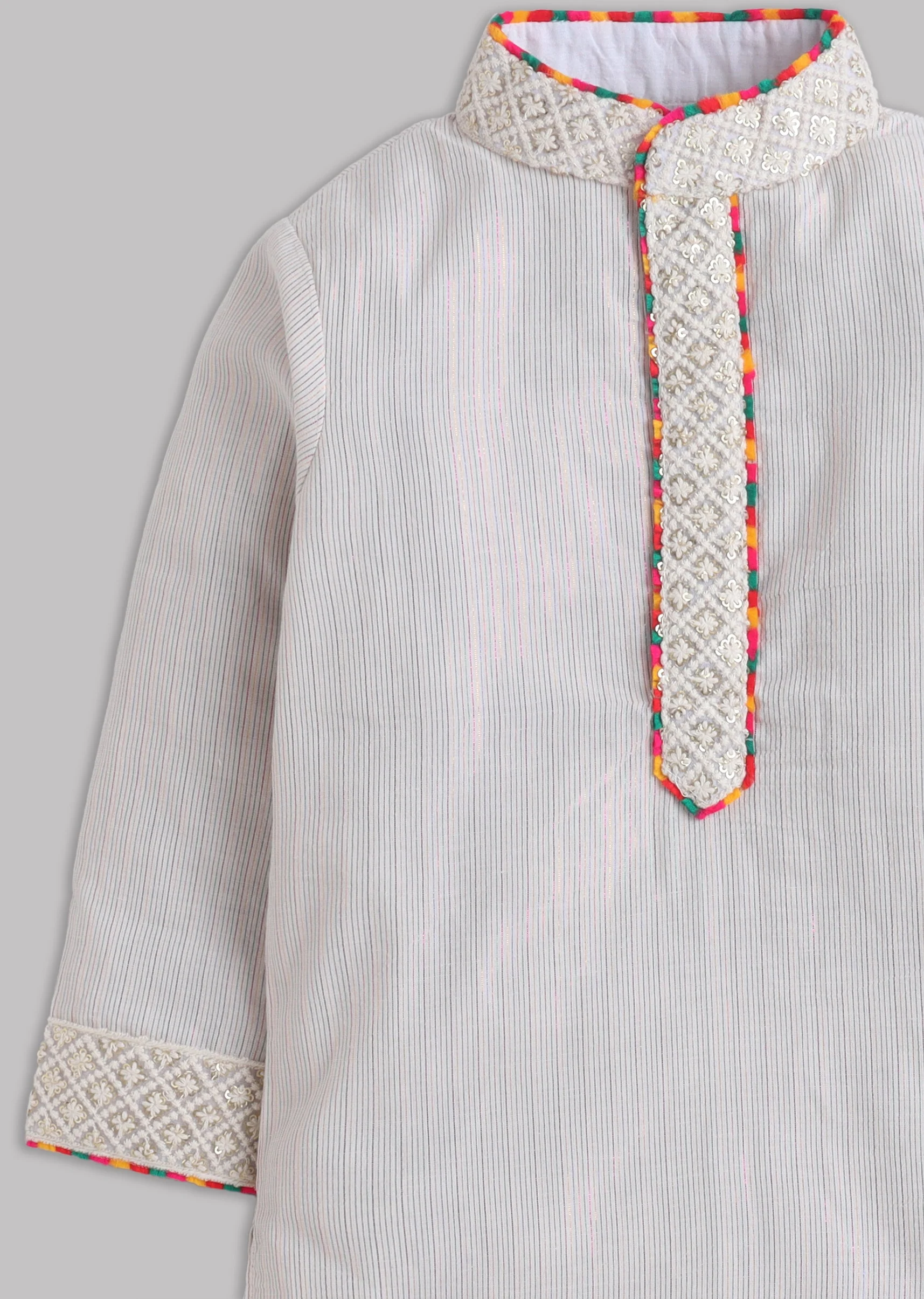 Off White Cotton Lurex Kurta Set With Multicolor Neck Detail - Image 4