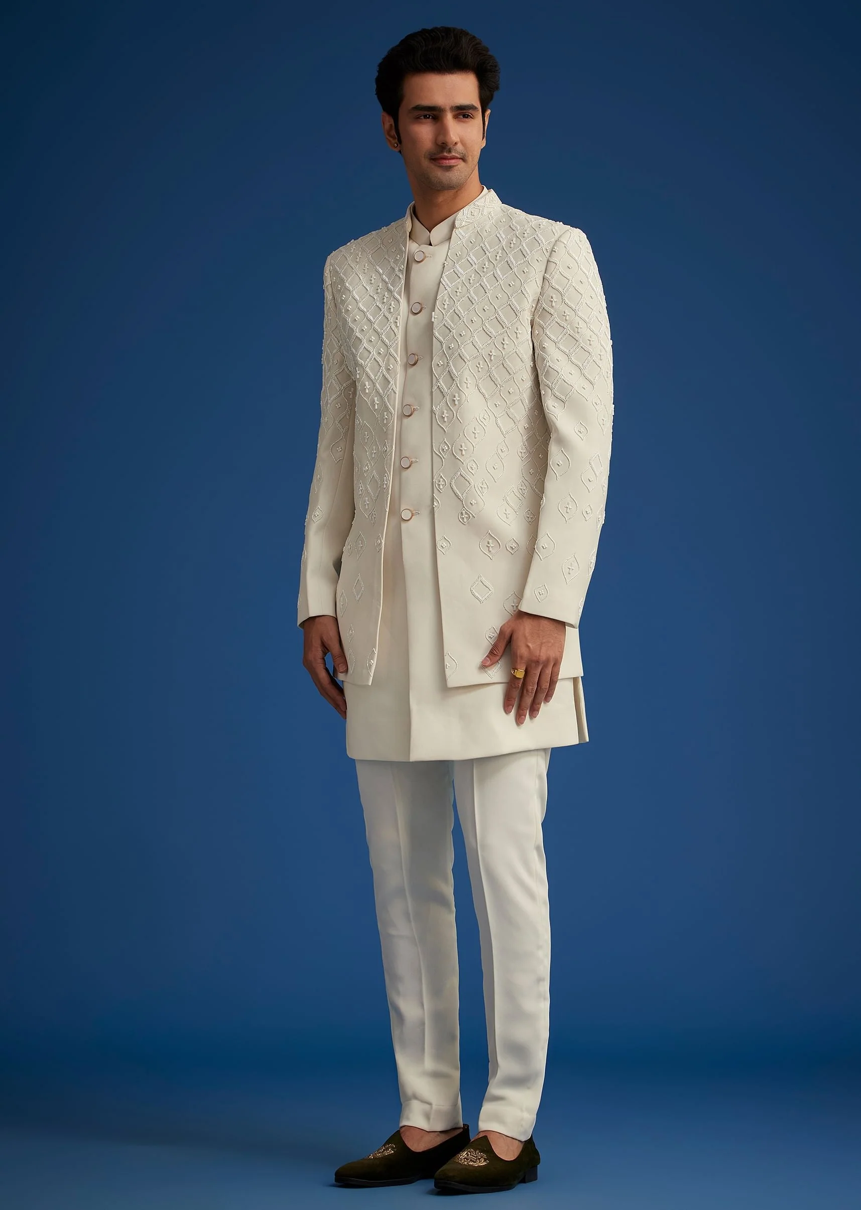 Off White Cotton Satin Sherwani Set With Embroidered Jacket - Image 3