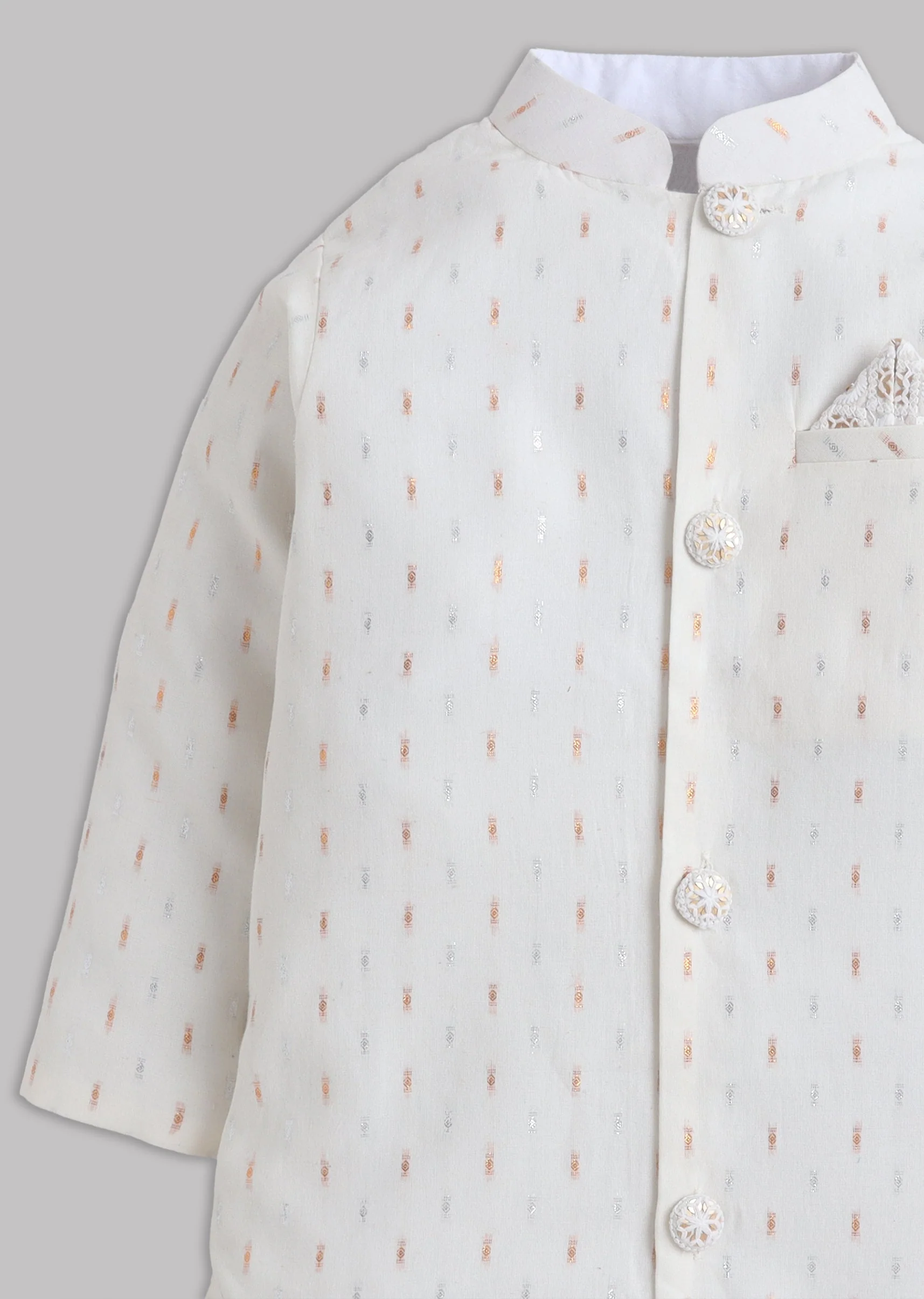 Off White Cotton Sherwani Set With Gold Silver Zari Work - Image 4