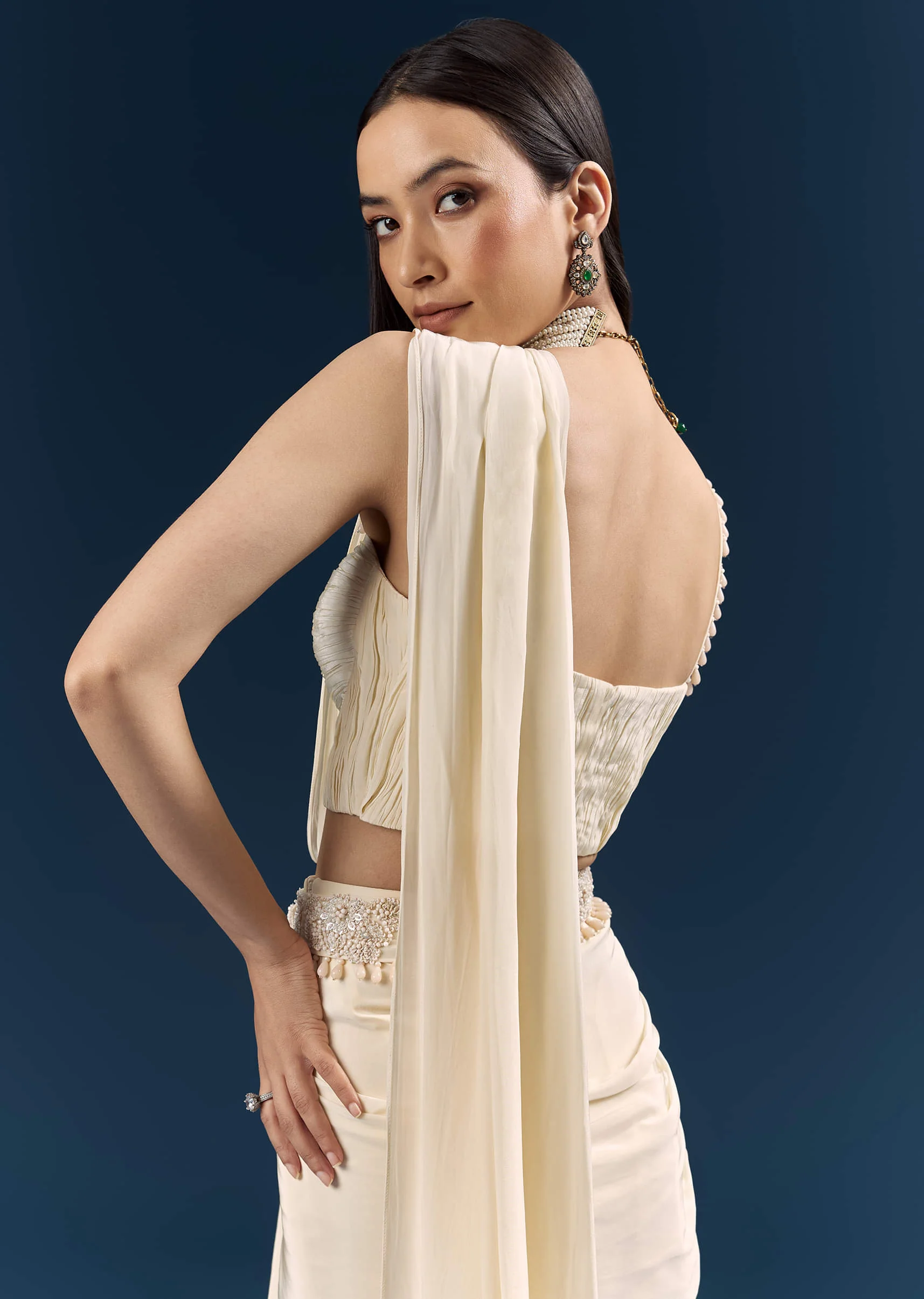 Off White Crepe Ready Pleated Saree With Heavy Embroidery - Image 5