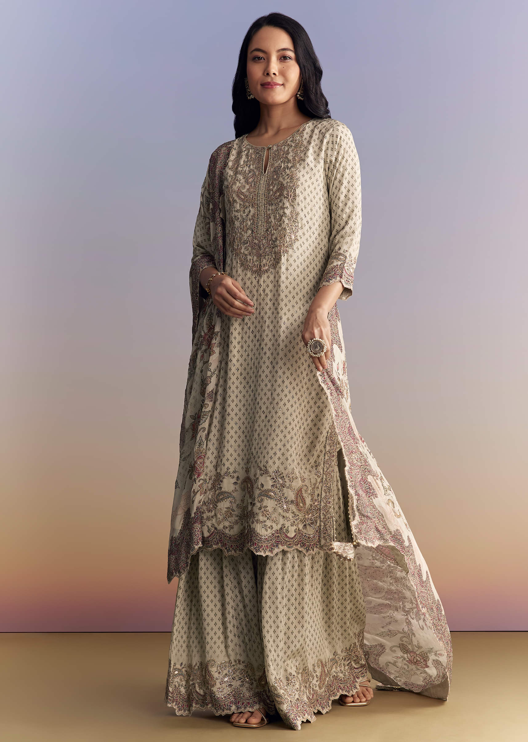 Off White Crepe Sharara Suit With Paisley Print - Image 3