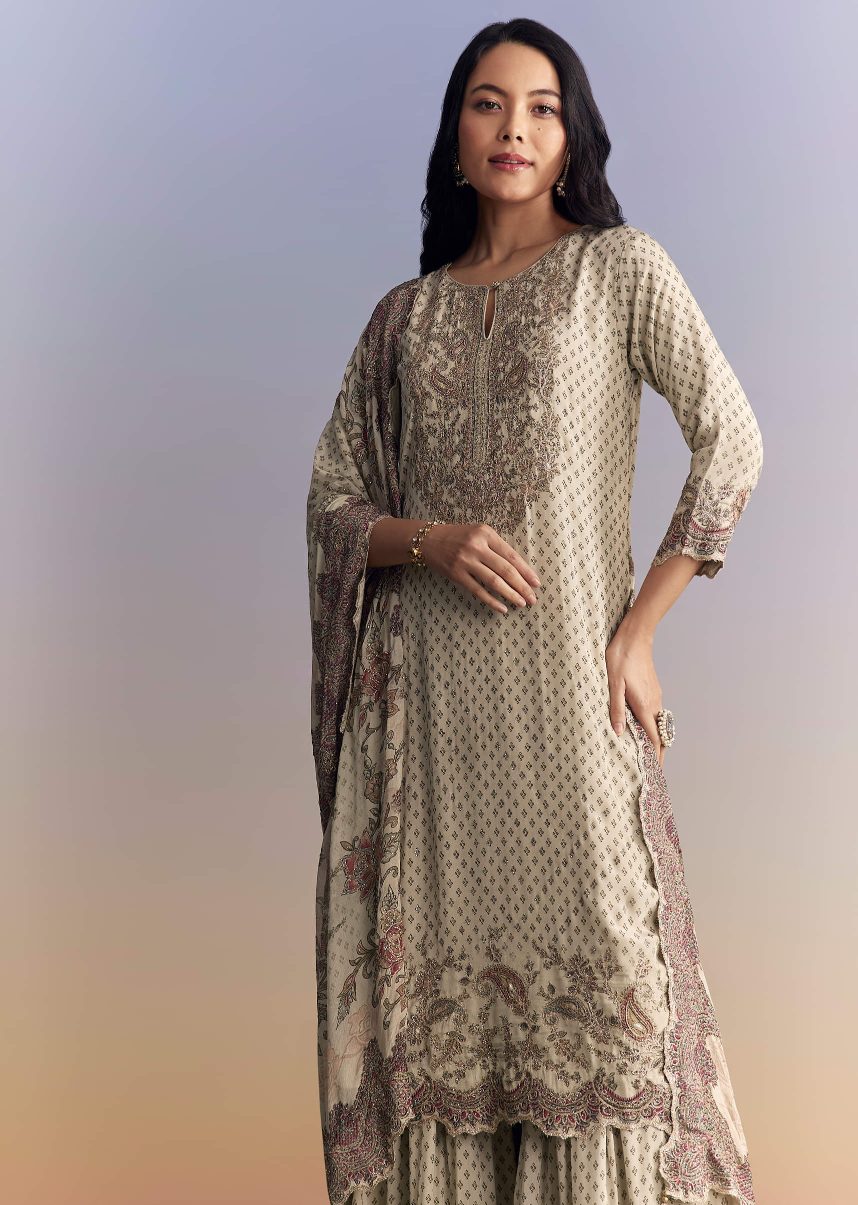 Off White Crepe Sharara Suit With Paisley Print - Image 4