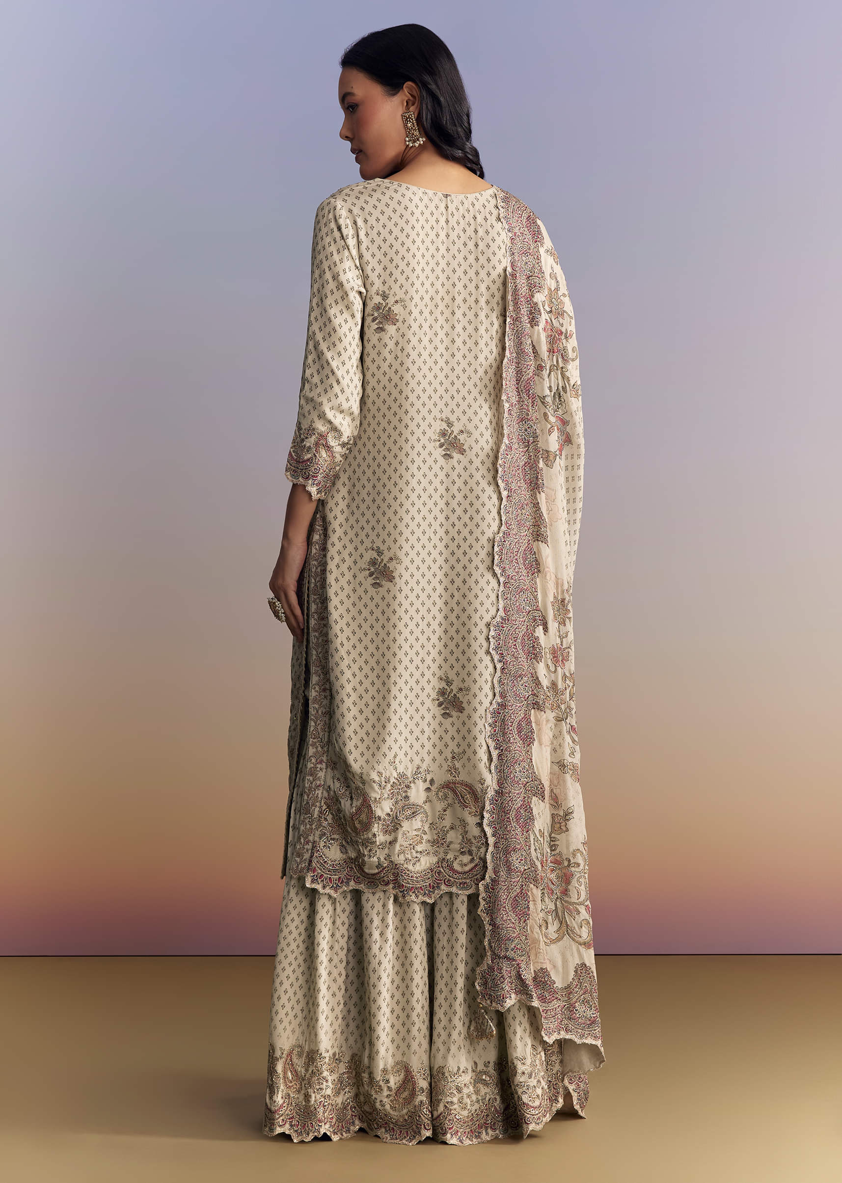 Off White Crepe Sharara Suit With Paisley Print - Image 5
