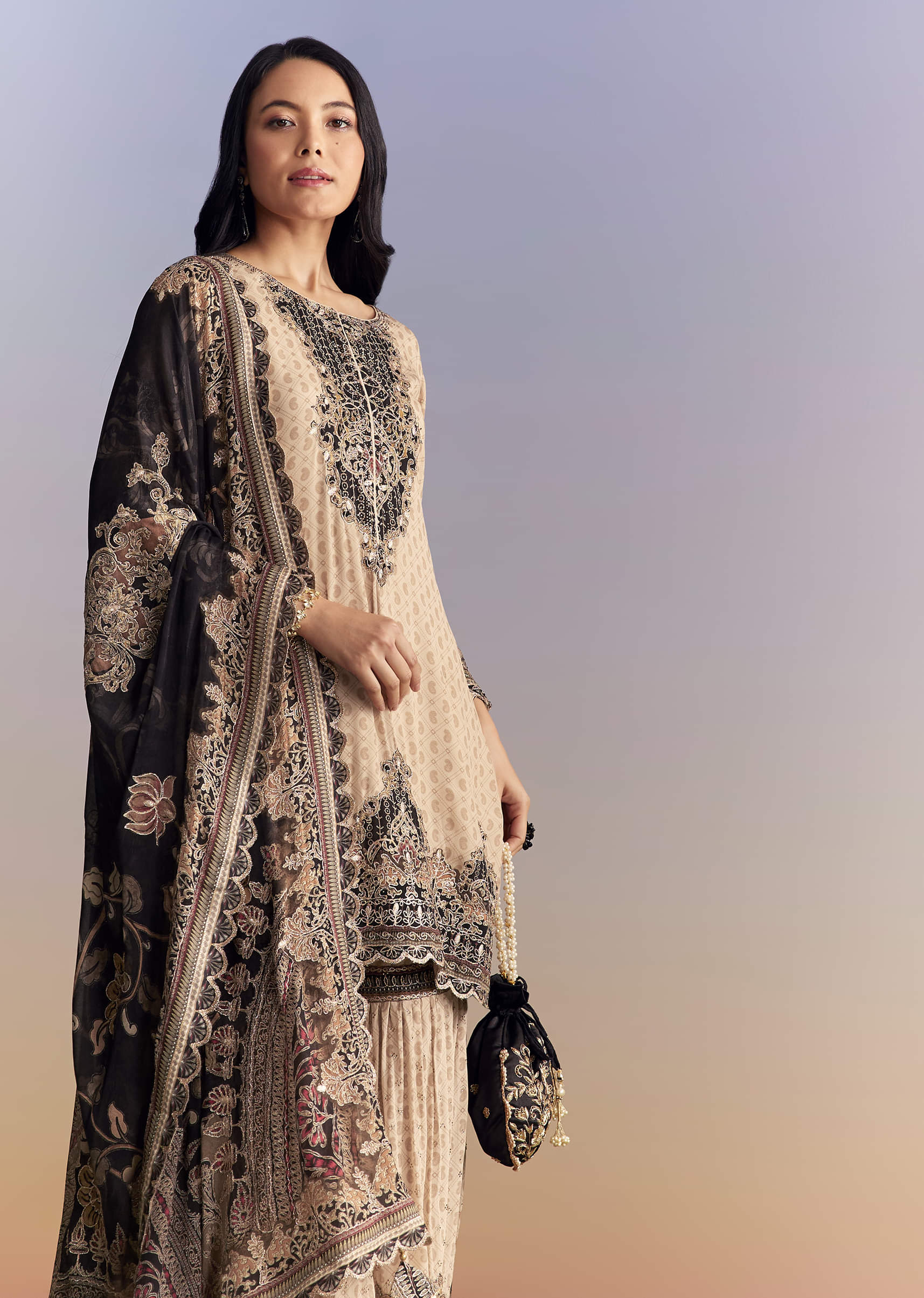 Off White Crepe Sharara Suit With Paisley Print And Contrast Dupatta - Image 4