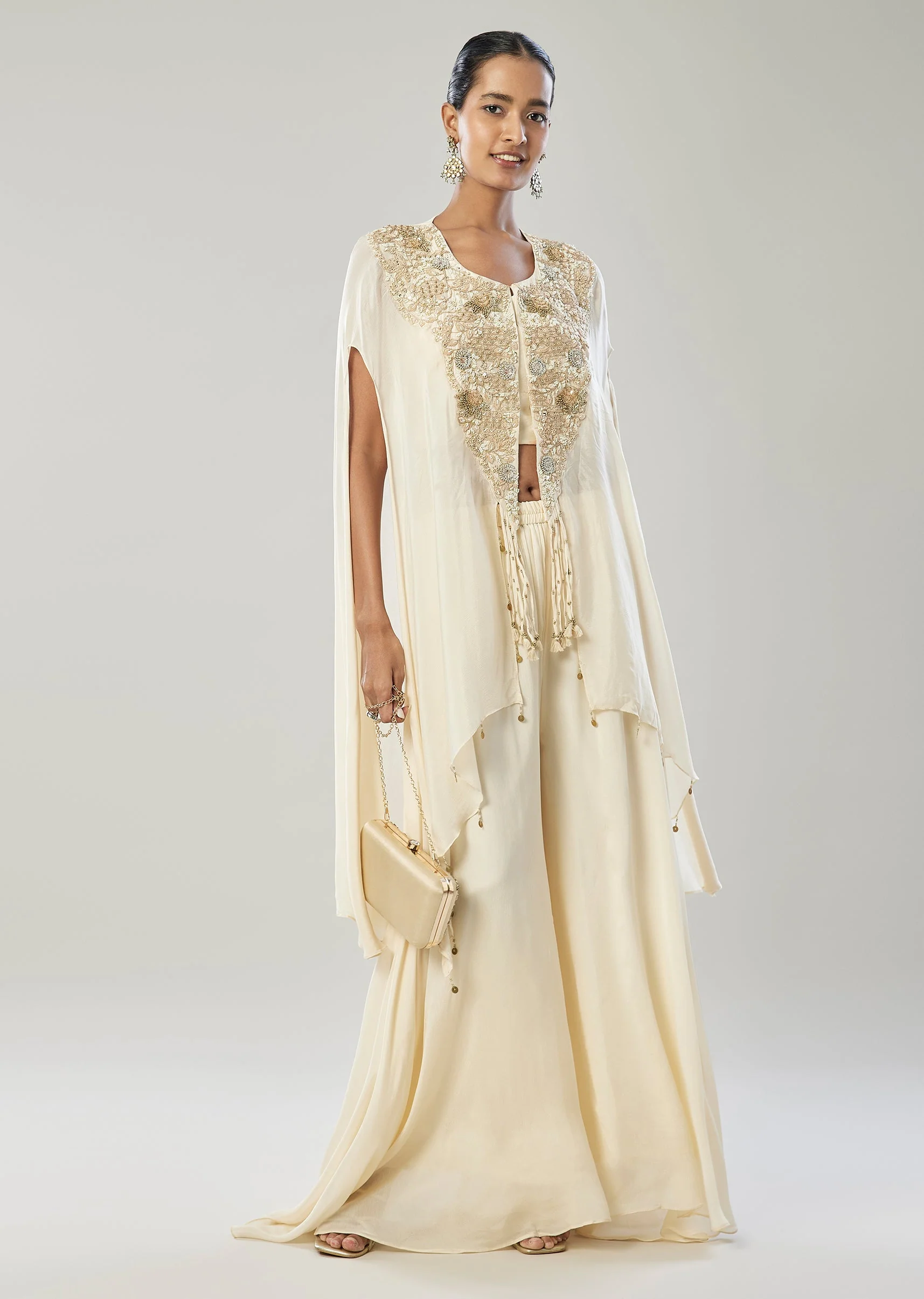 Off White Crop Top Cape And Palazzo Set