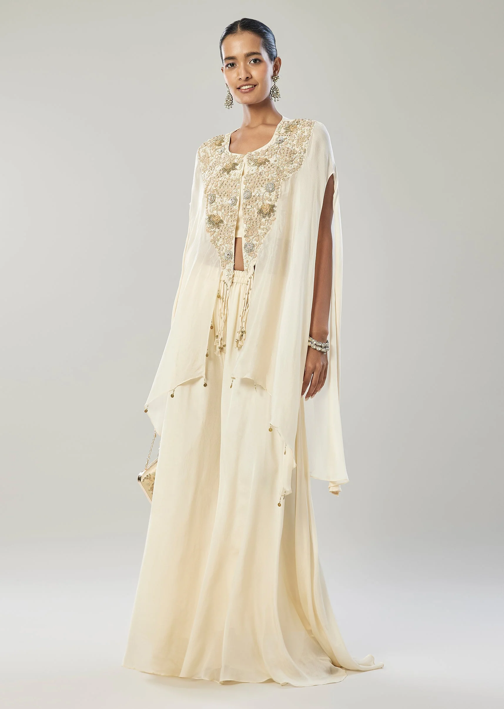 Off White Crop Top Cape And Palazzo Set - Image 3
