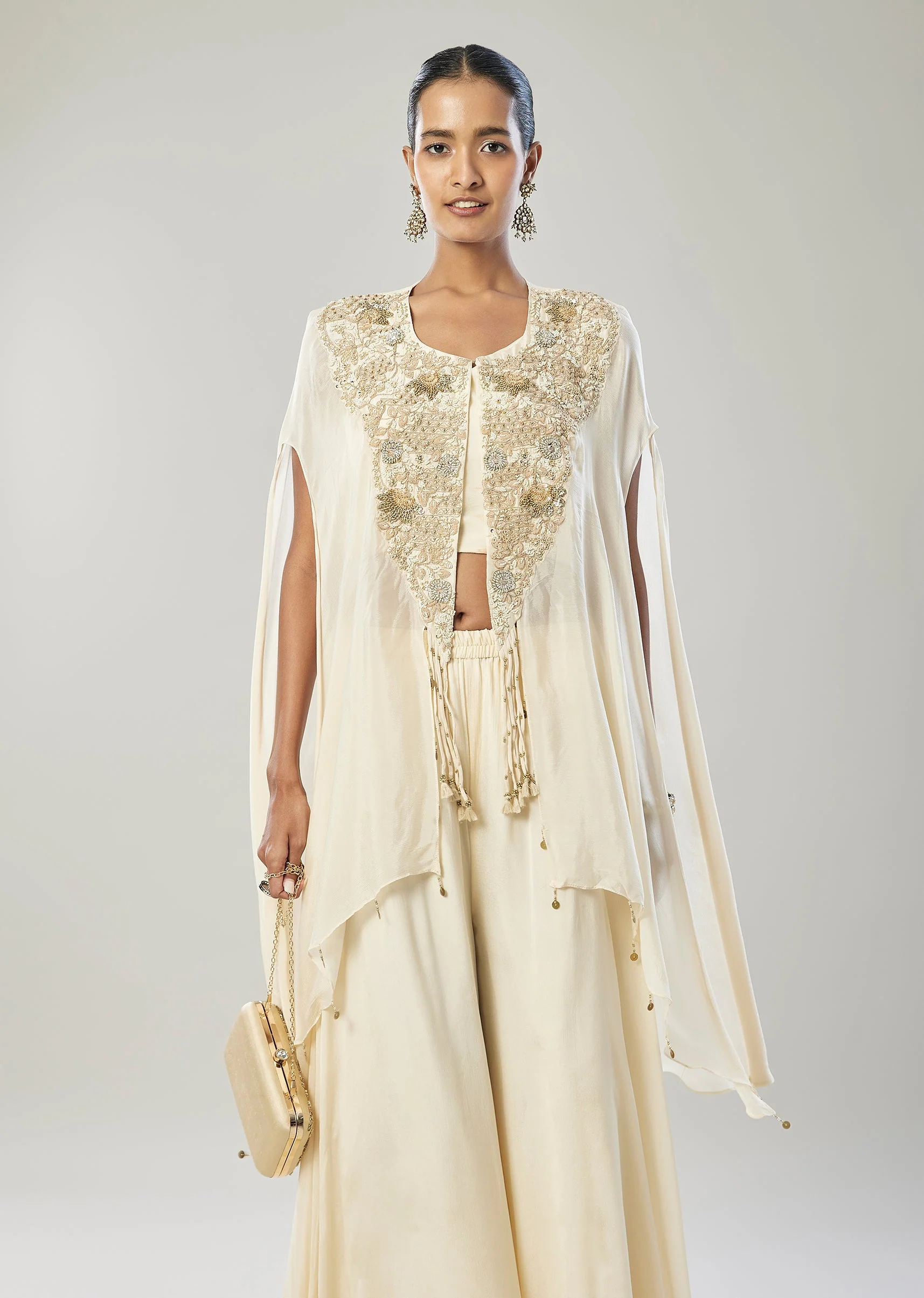 Off White Crop Top Cape And Palazzo Set - Image 4