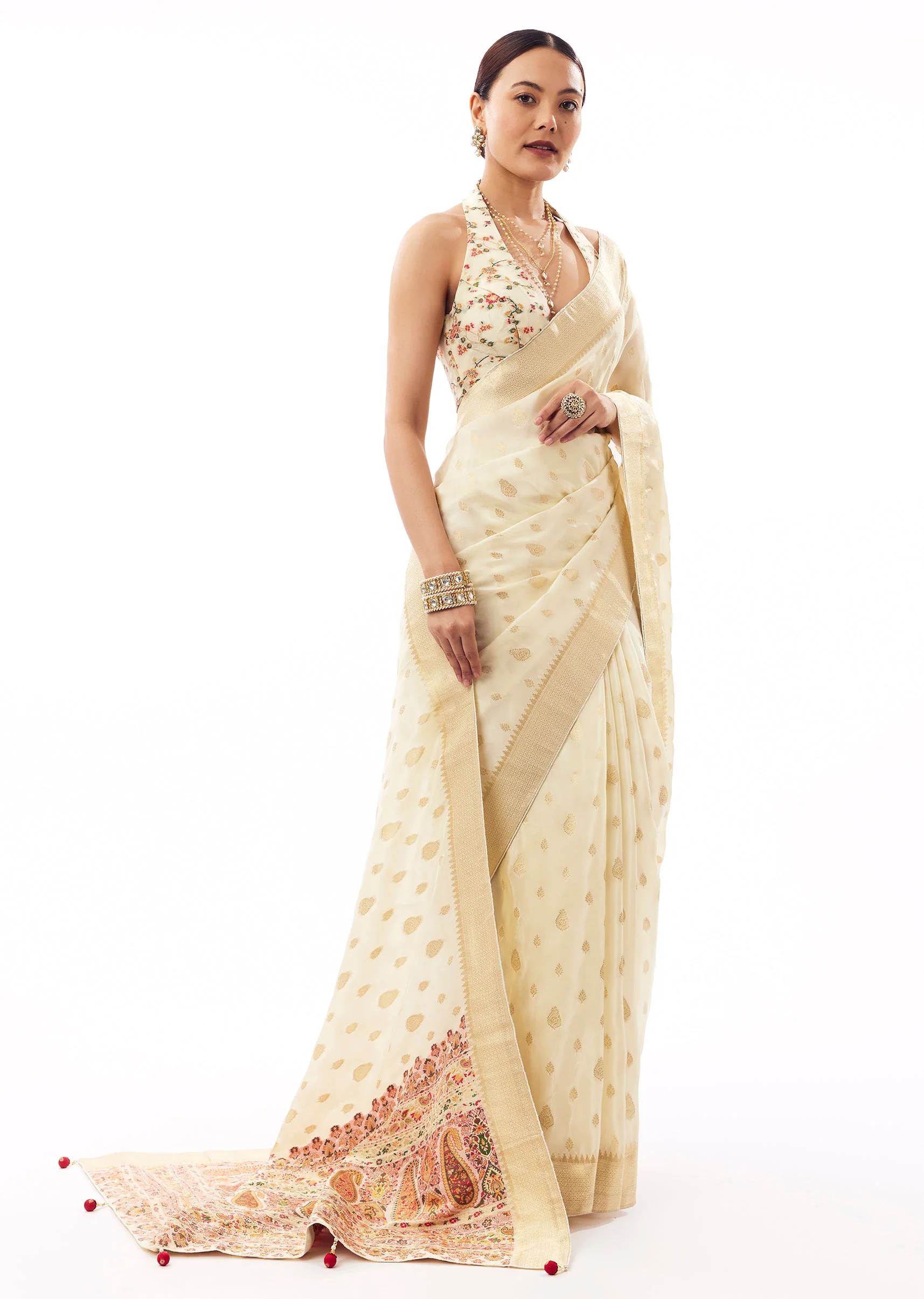 Off-White Dola Silk Woven Saree With Golden Butti And Multicolour Brocade Jaal Pallu - Image 3