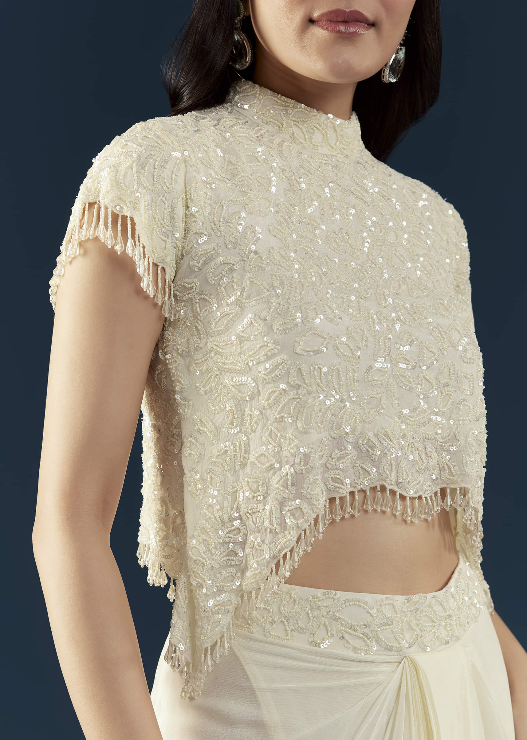 Off White Embellished Crop Top and Skirt Set - Image 2