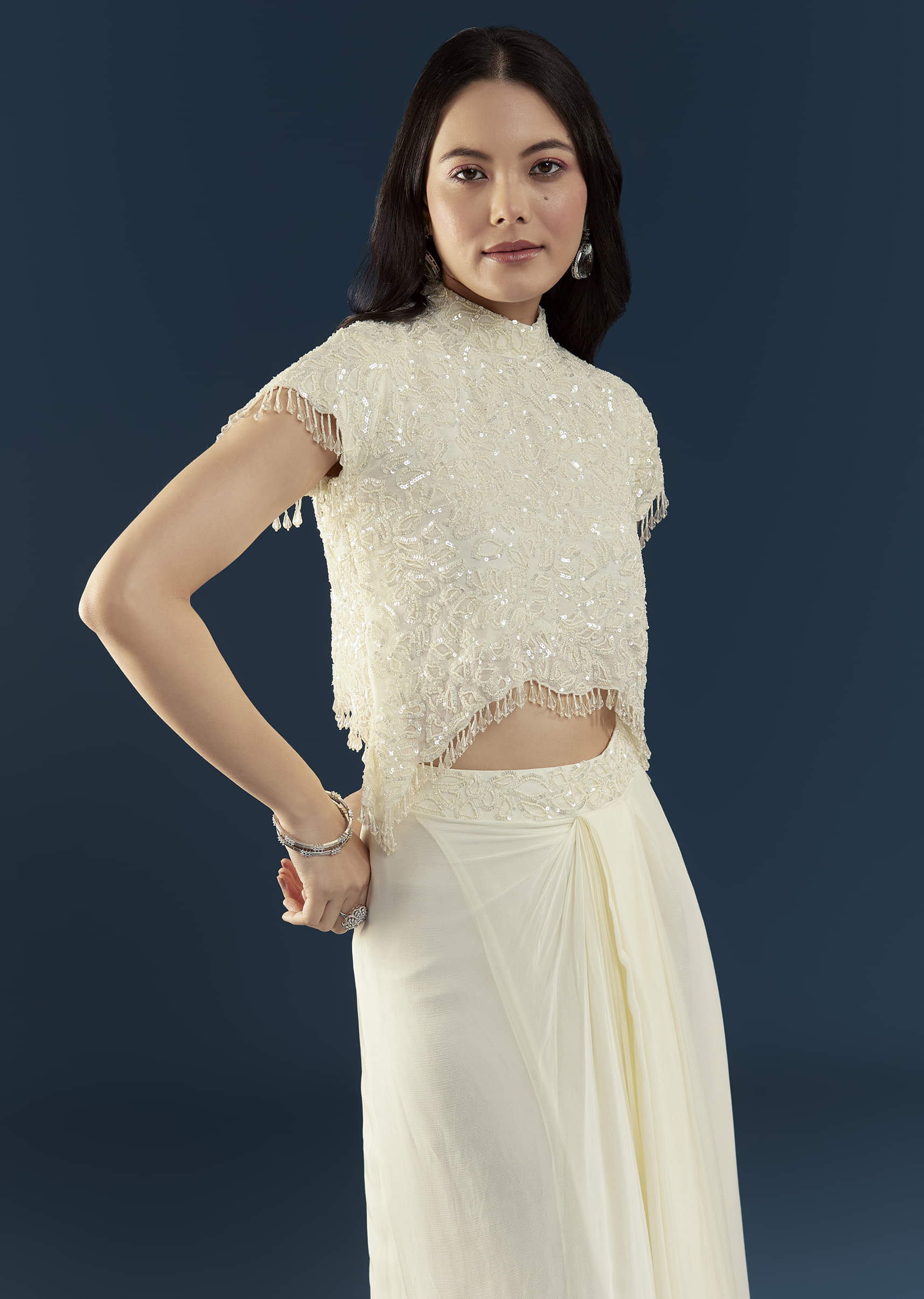 Off White Embellished Crop Top and Skirt Set - Image 4