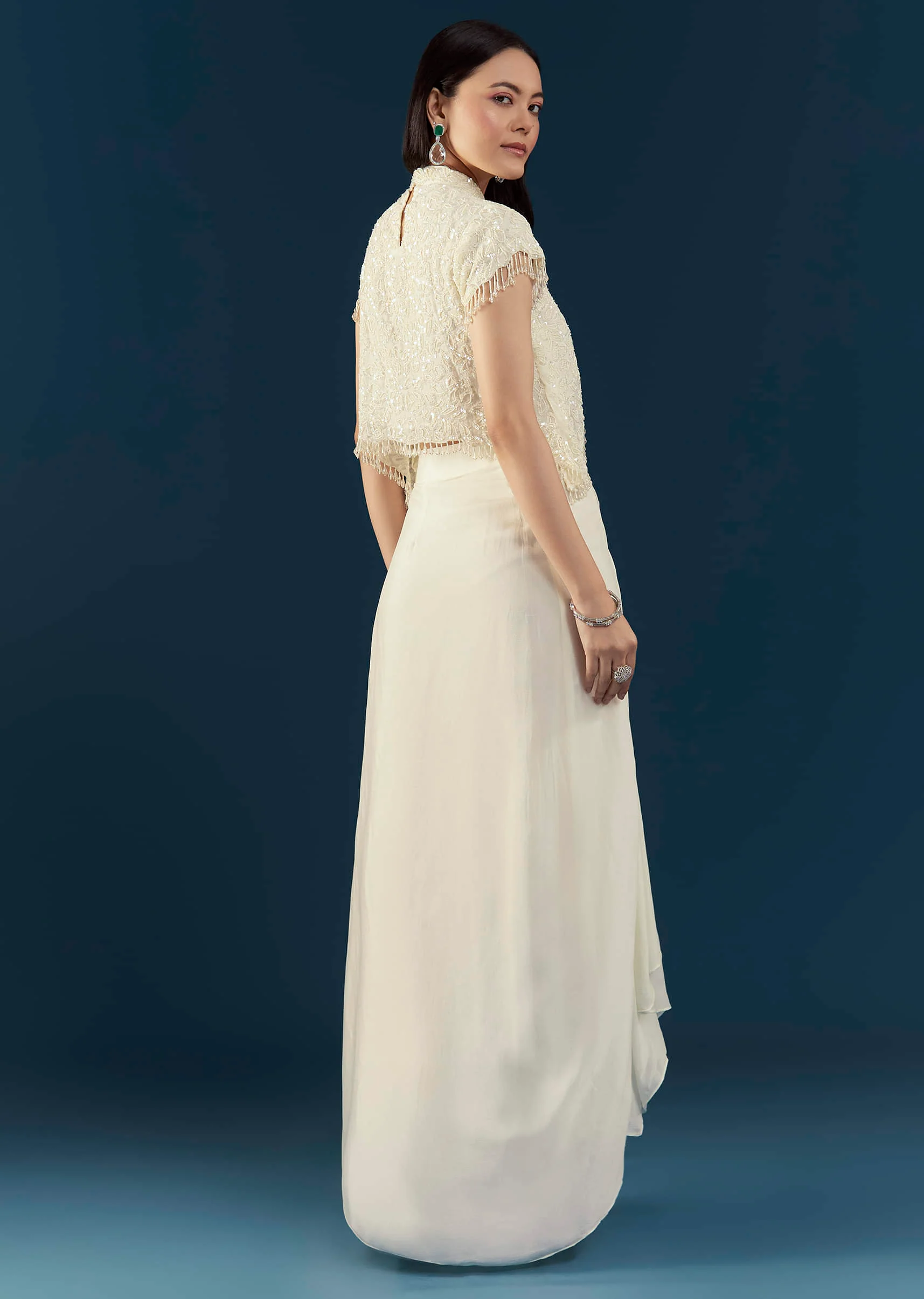 Off White Embellished Crop Top and Skirt Set - Image 5