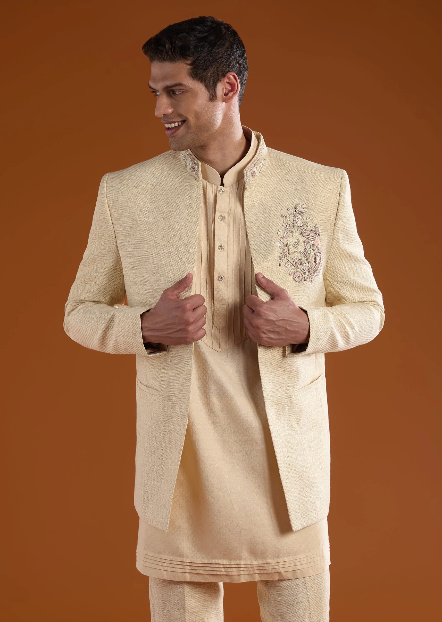 Off White Embellished Jodhpuri Kurta Set with Zardozi Work - Image 3