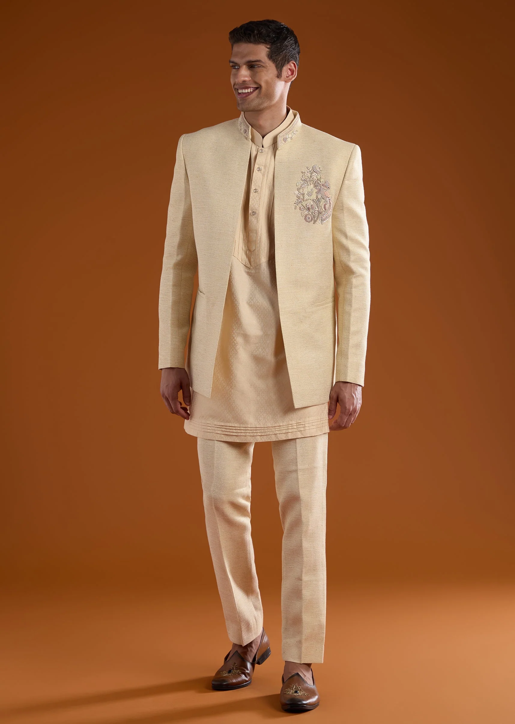 Off White Embellished Jodhpuri Kurta Set with Zardozi Work - Image 4