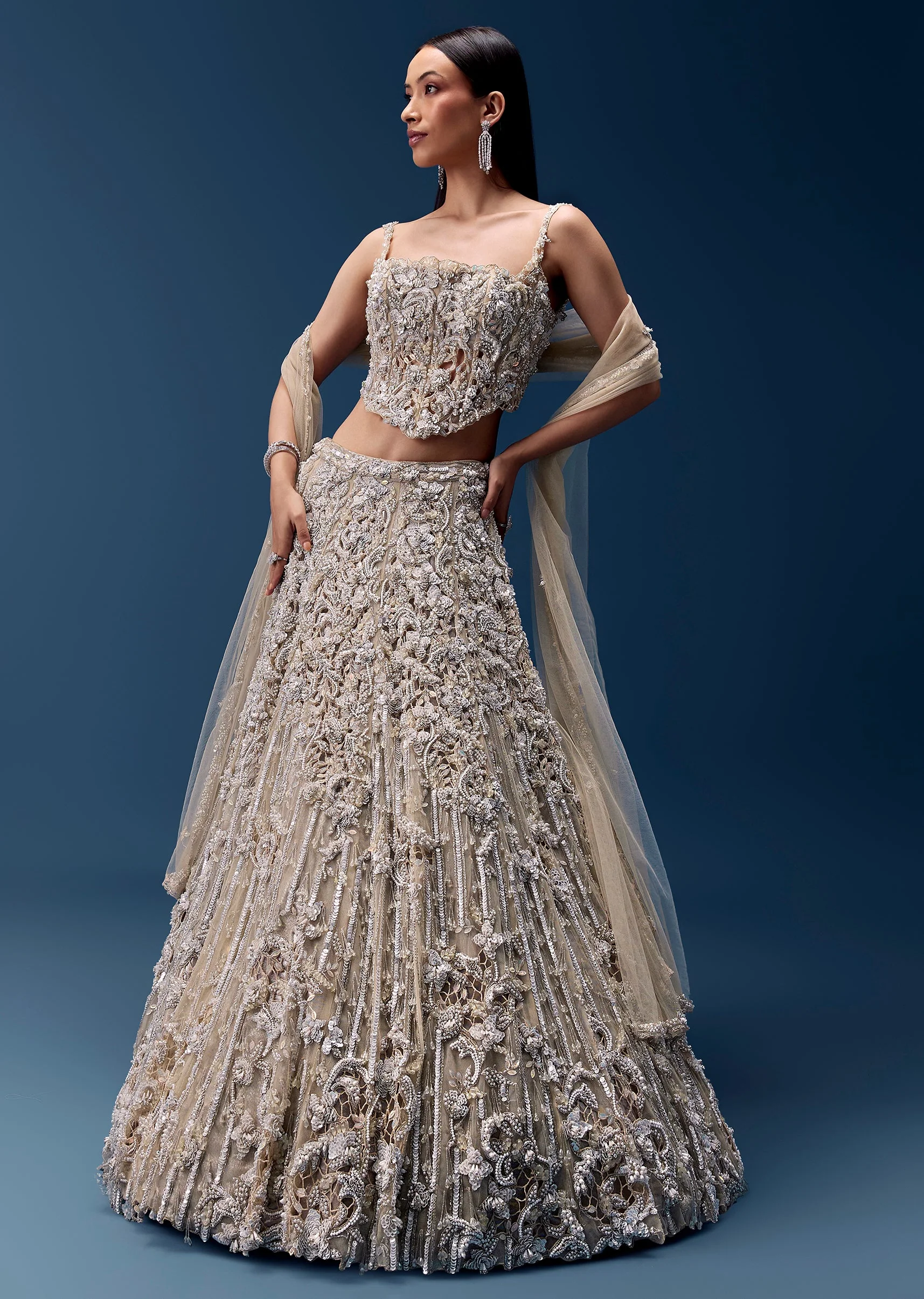 Off White Embellished Lehenga and Corset Blouse Set