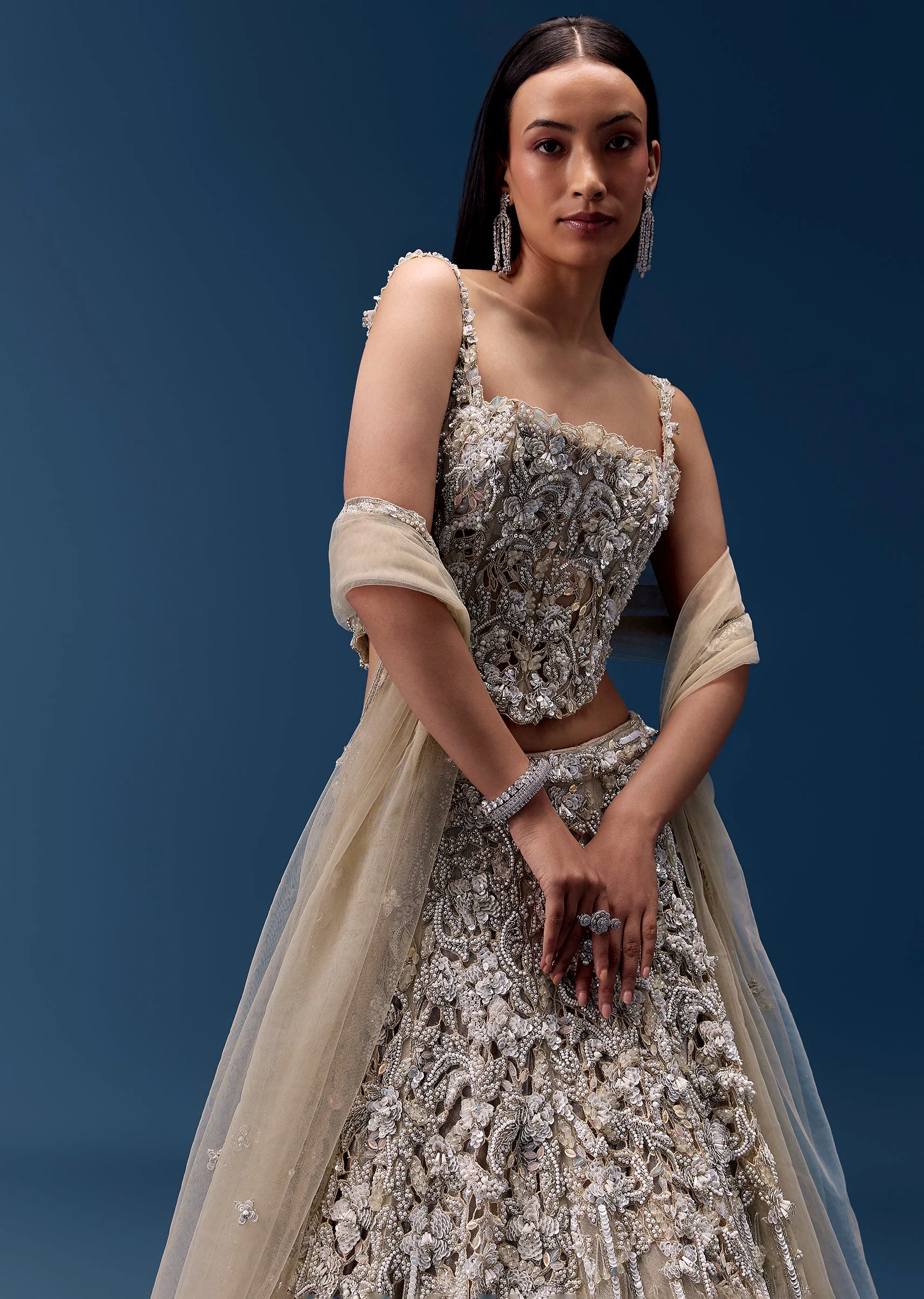 Off White Embellished Lehenga and Corset Blouse Set - Image 6