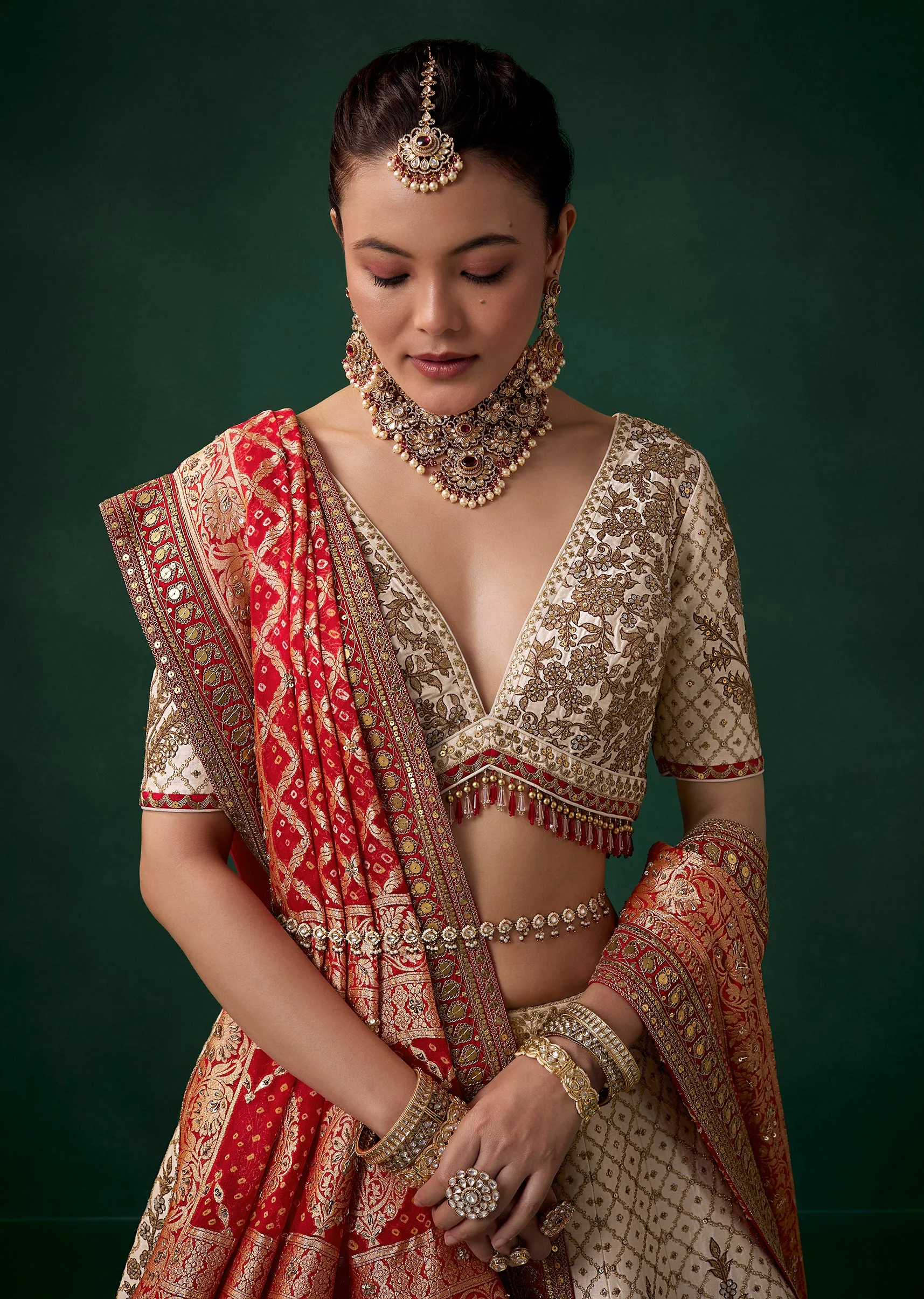 Off White Embroidered Bridal Lehenga Sets with Two Dupattas - Image 3