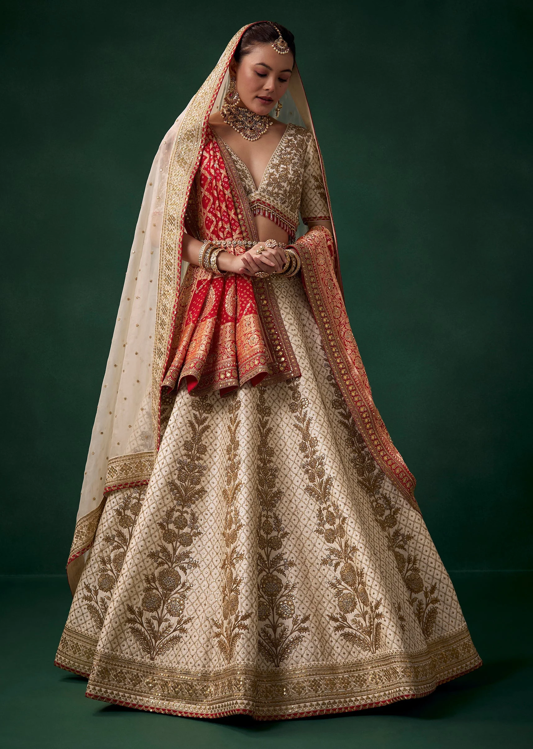 Off White Embroidered Bridal Lehenga Sets with Two Dupattas - Image 4