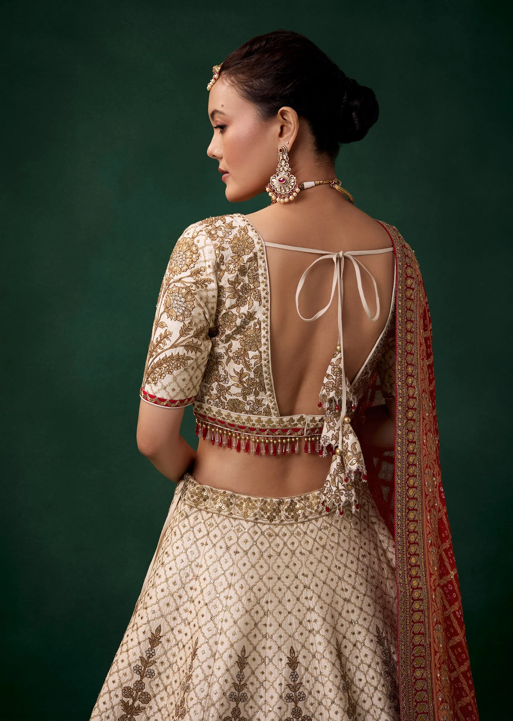 Off White Embroidered Bridal Lehenga Sets with Two Dupattas - Image 5