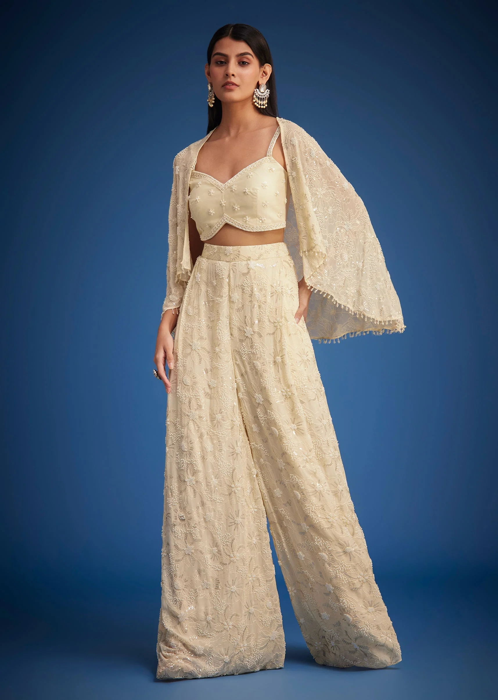 Off White Embroidered Cape Palazzo Set - Image 2