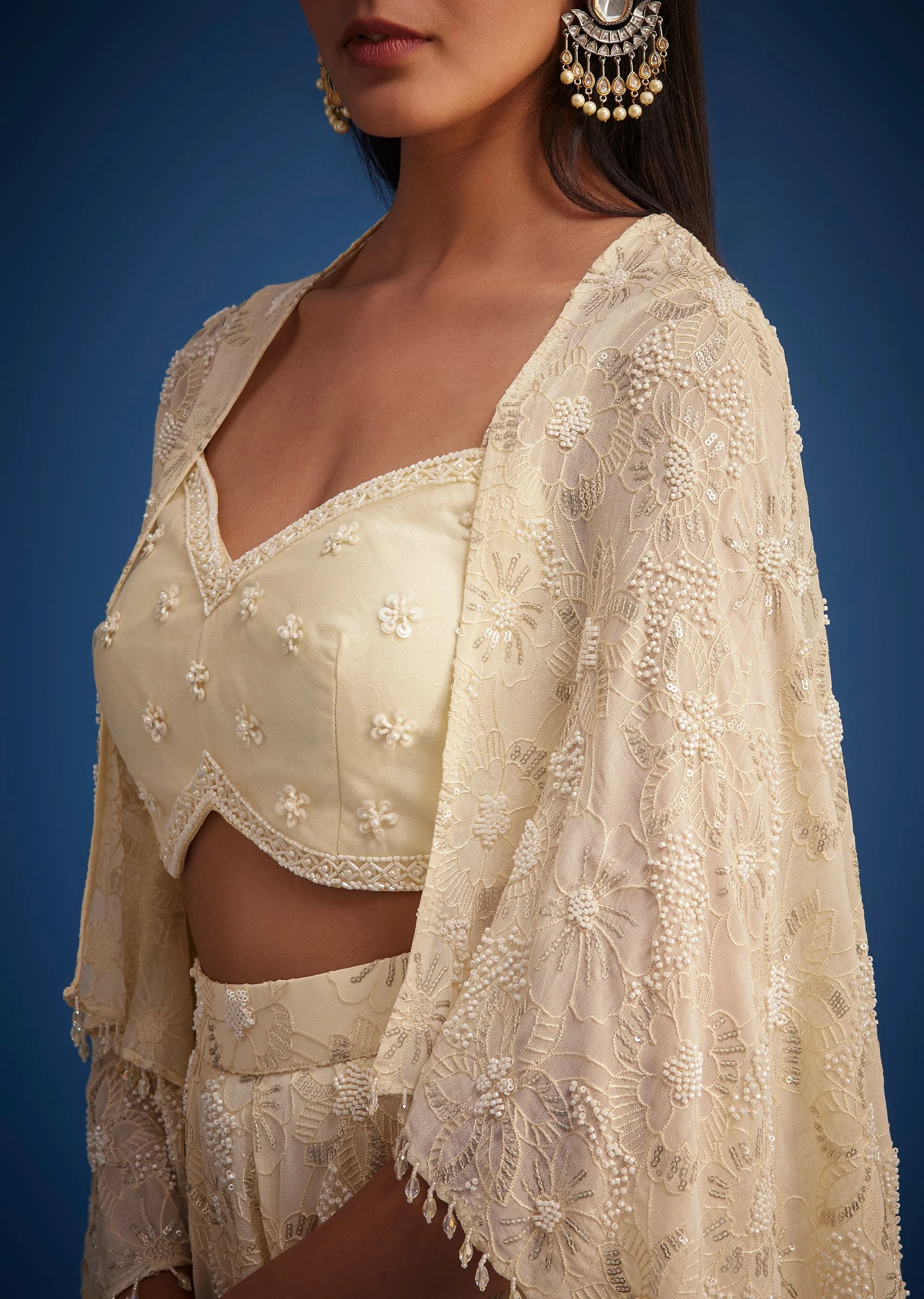 Off White Embroidered Cape Palazzo Set - Image 3