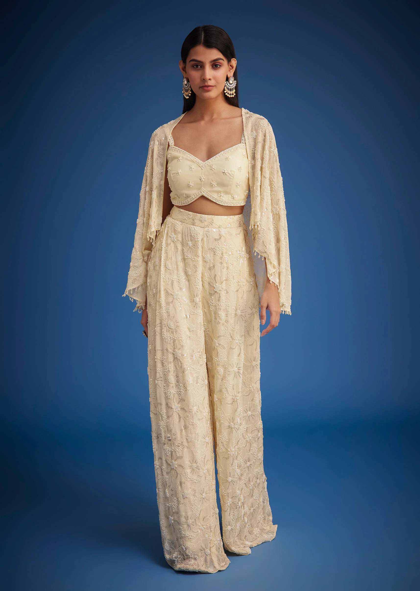 Off White Embroidered Cape Palazzo Set - Image 4
