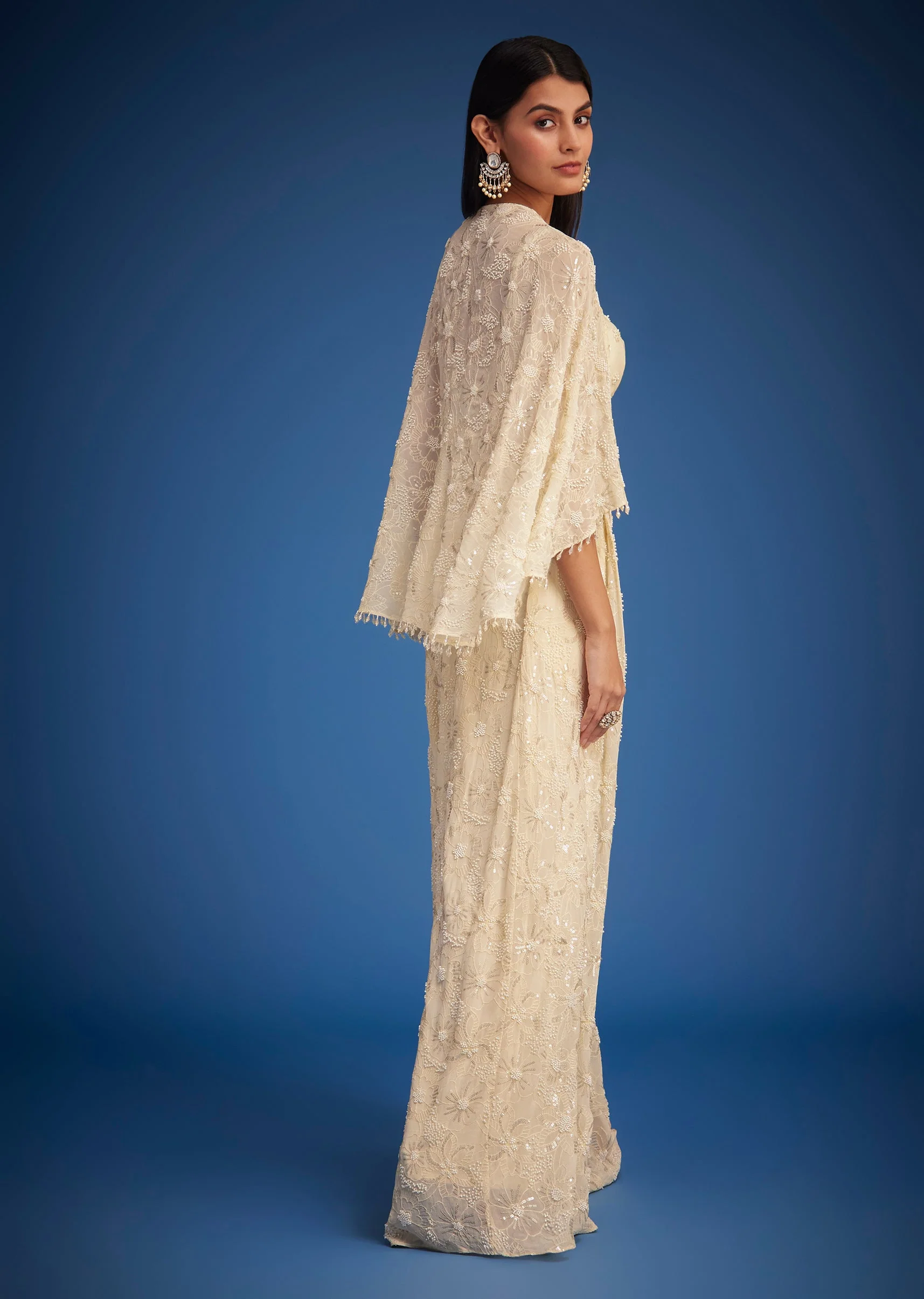 Off White Embroidered Cape Palazzo Set - Image 5