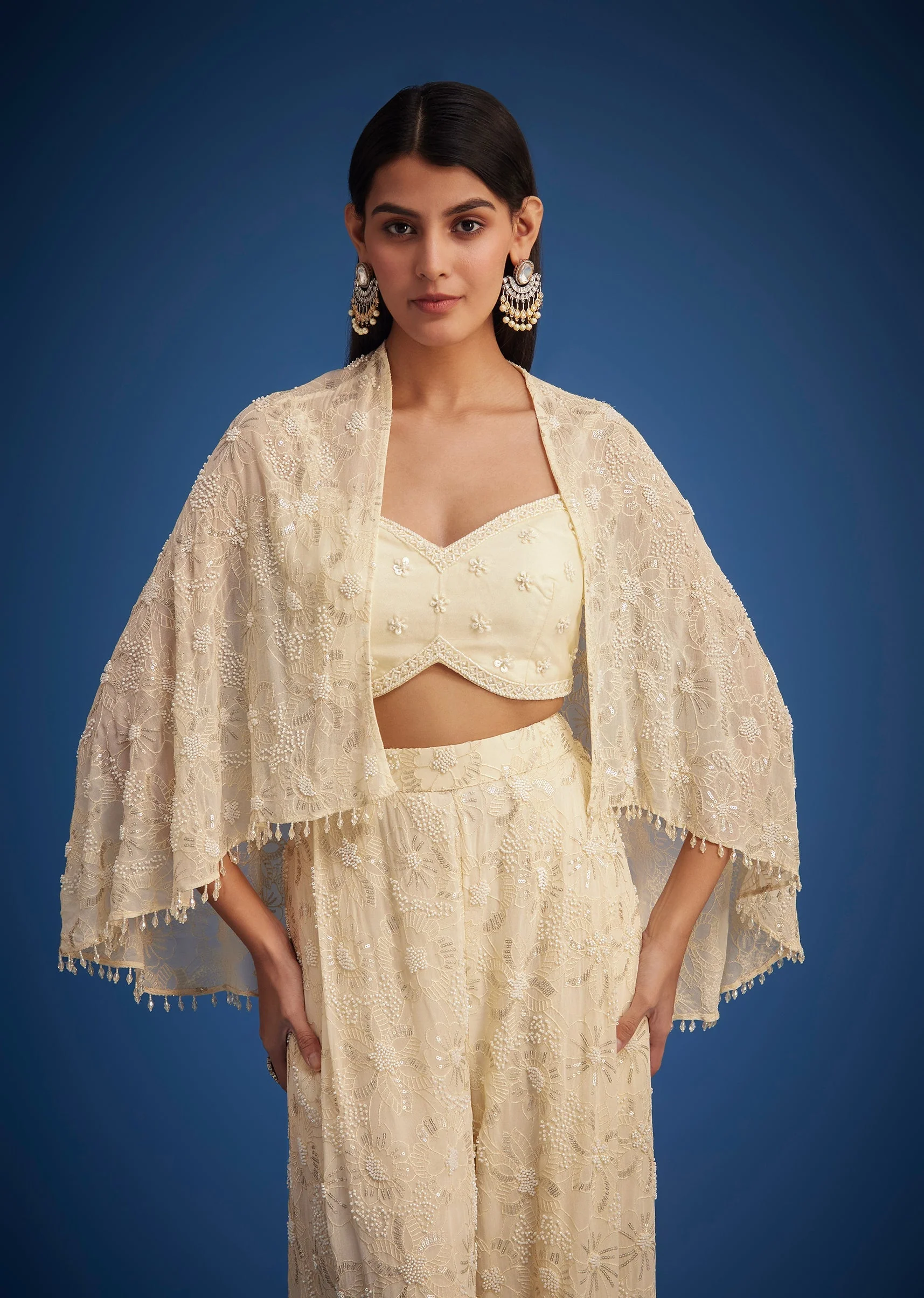 Off White Embroidered Cape Palazzo Set - Image 7