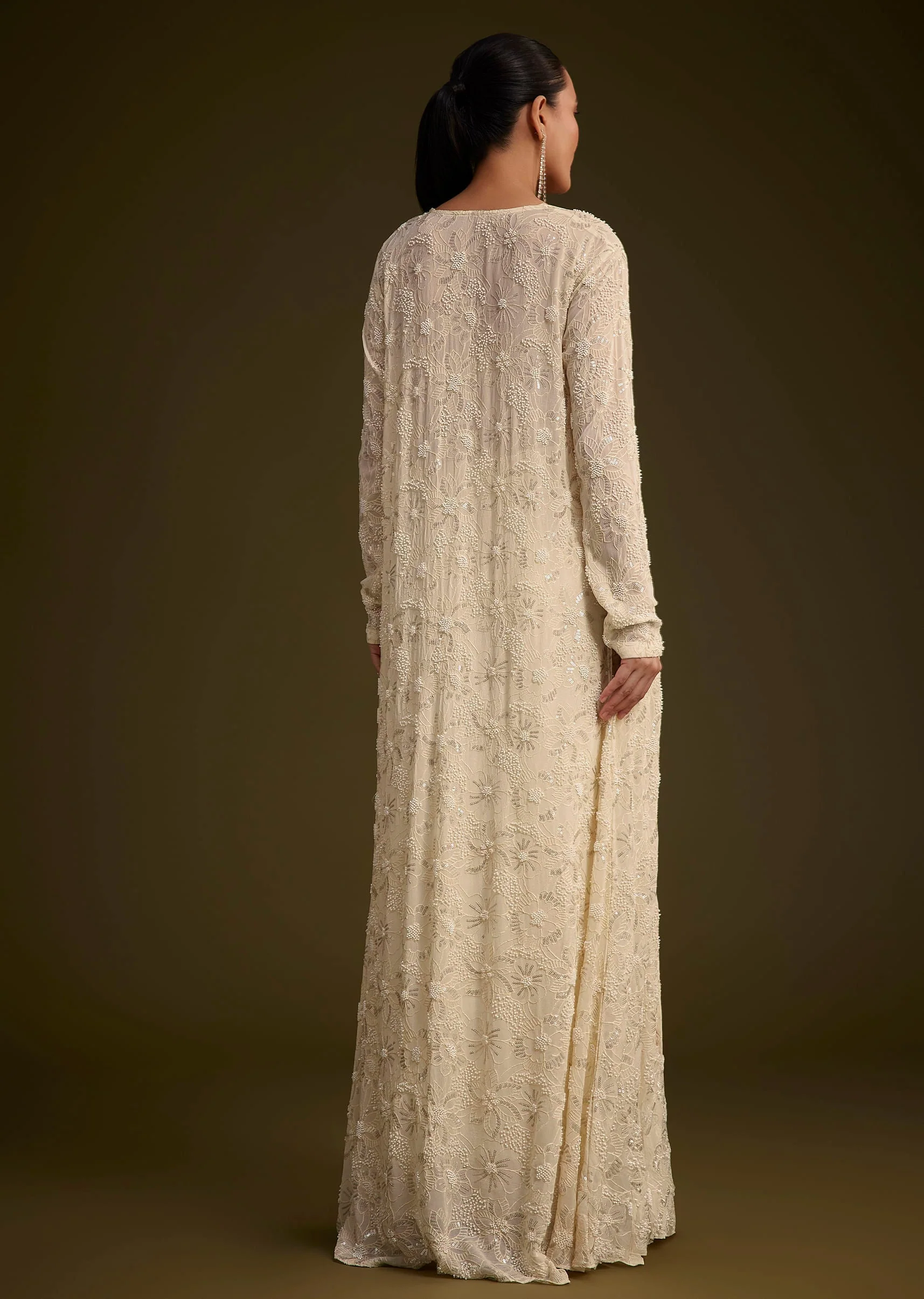 Off White Embroidered Croptop Skirt And Jacket Set - Image 5