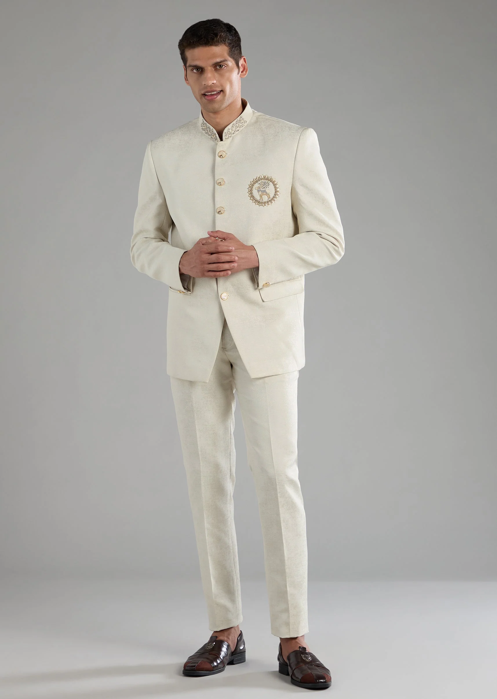 Off White Embroidered Jodhpuri and Pant Set - Image 2
