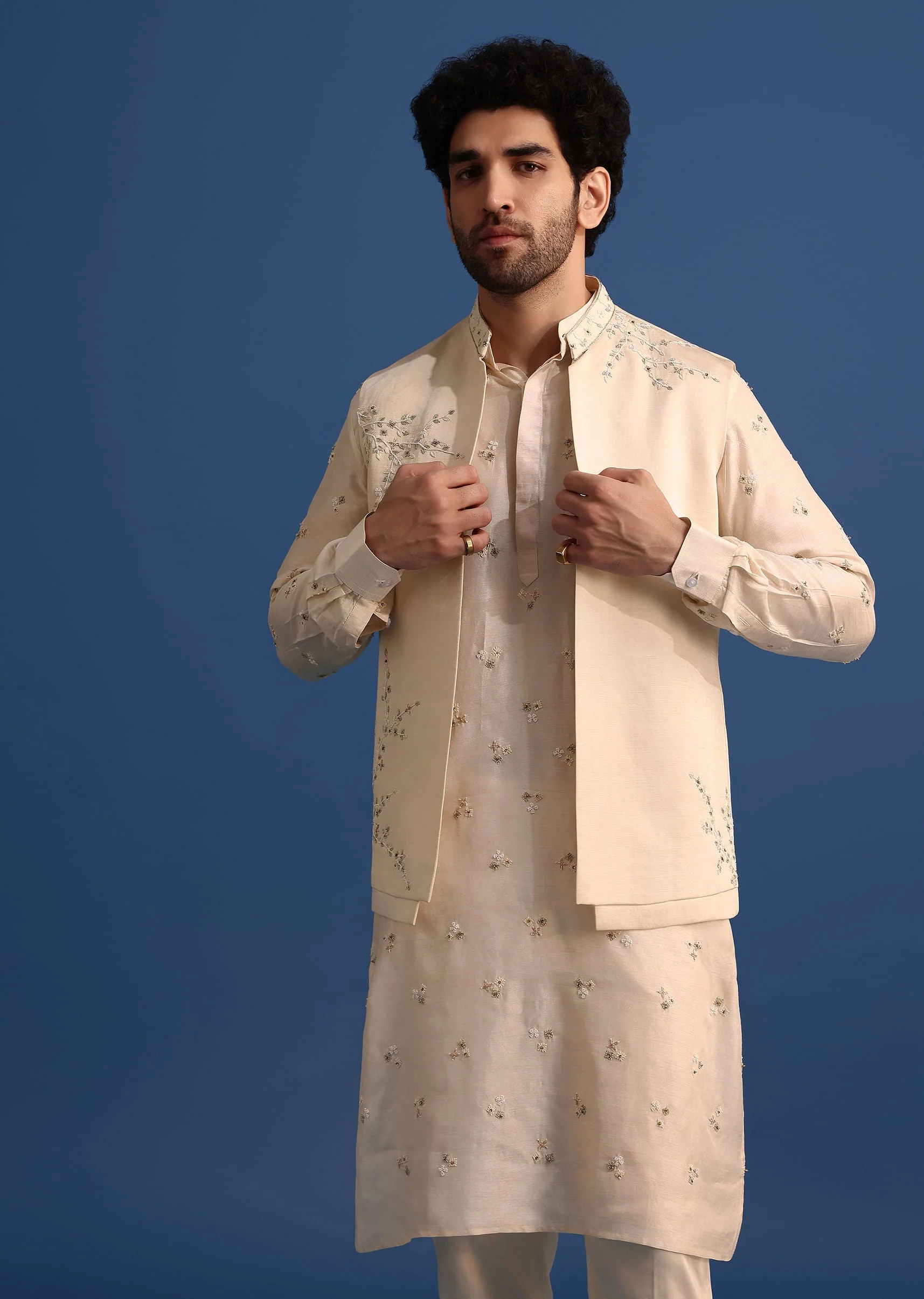 Off White Embroidered Linen Kurta Jacket Set - Image 2