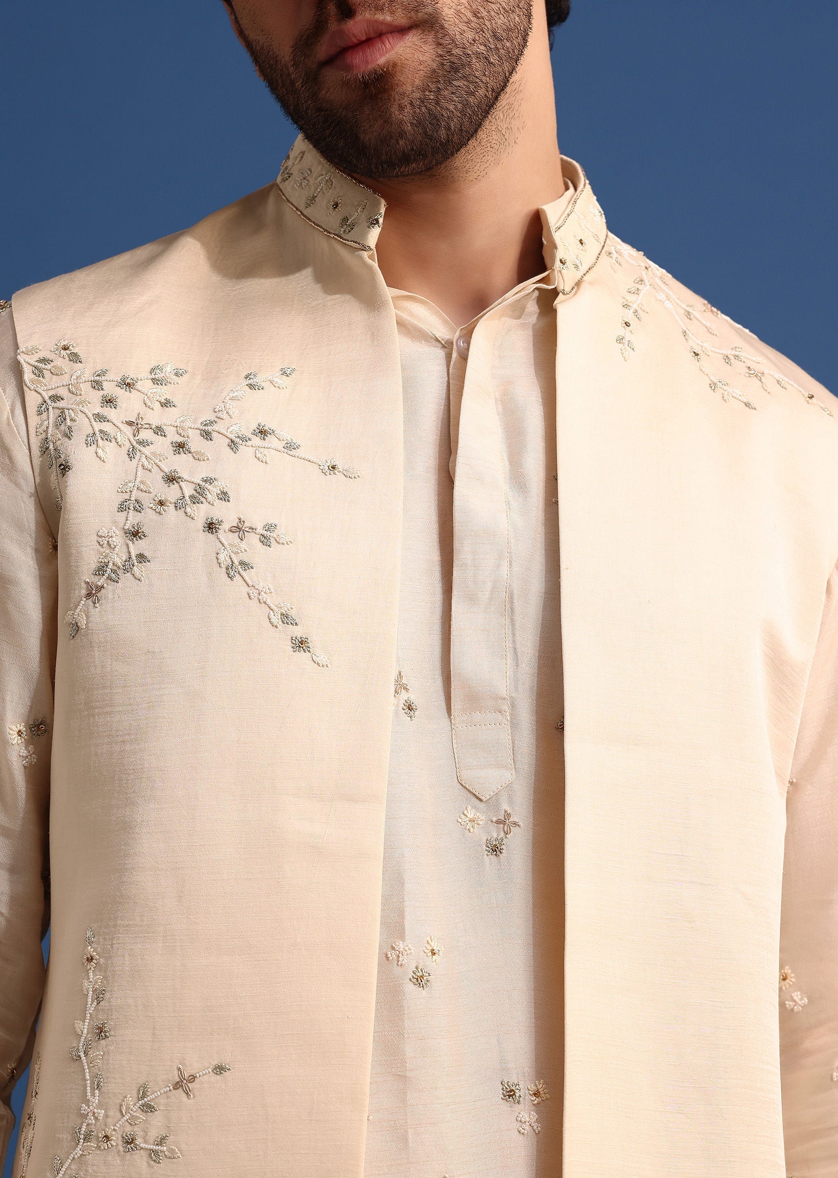 Off White Embroidered Linen Kurta Jacket Set - Image 4
