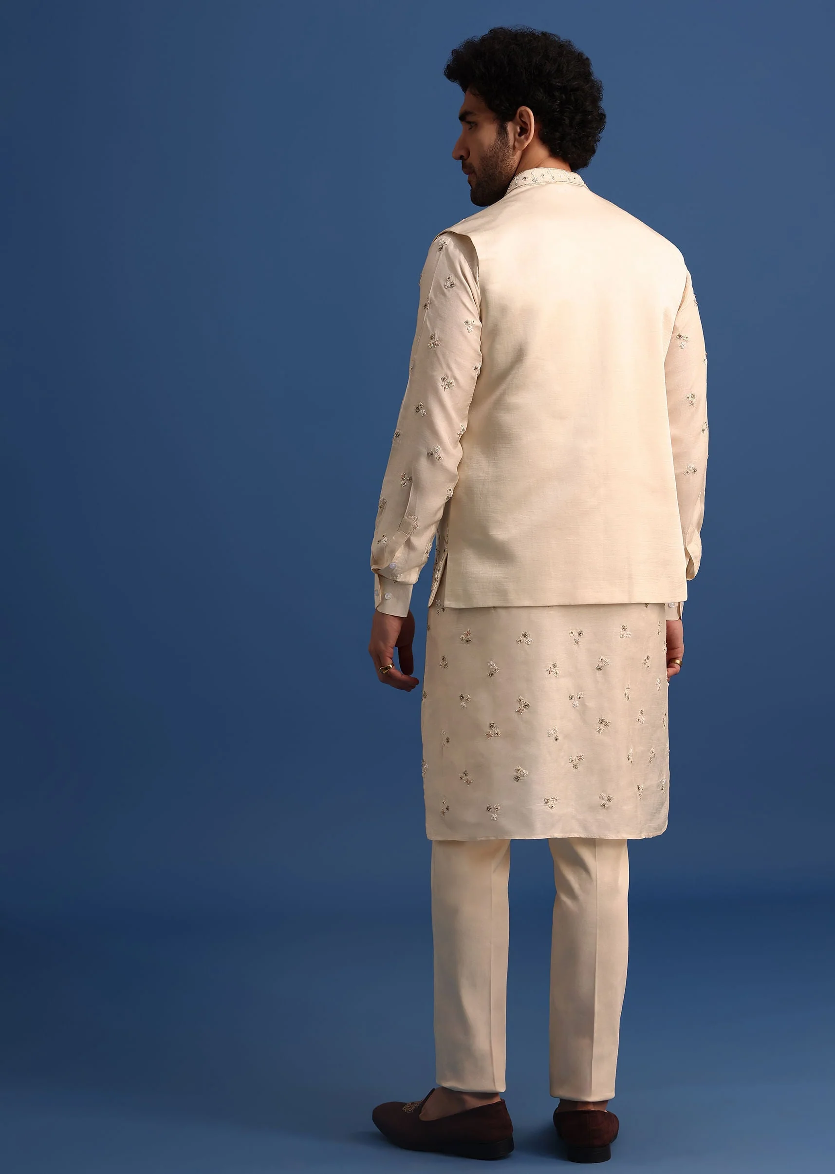 Off White Embroidered Linen Kurta Jacket Set - Image 5