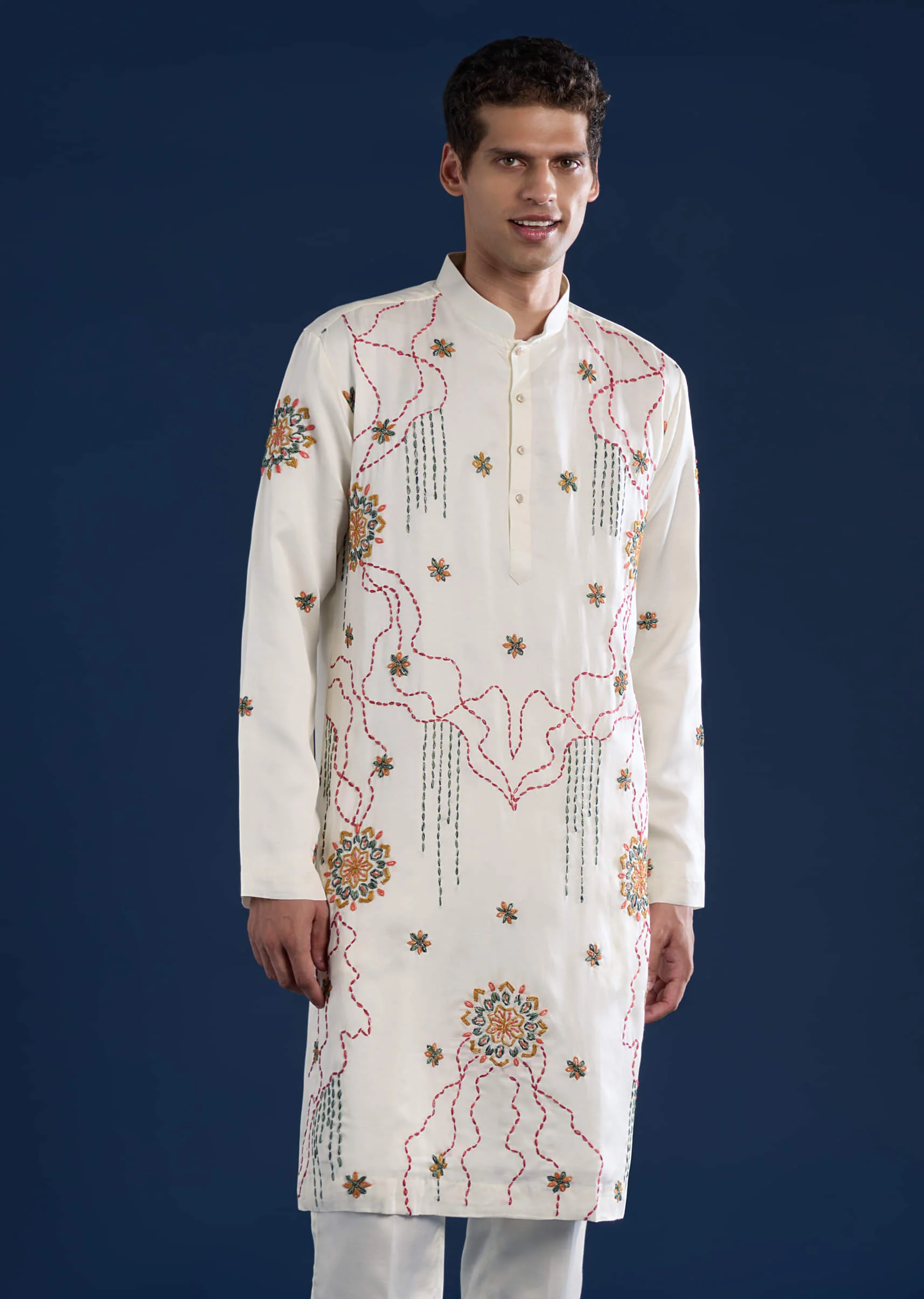 Off White Embroidered Mens Kurta Set with Bandhani Print Dupatta - Image 6