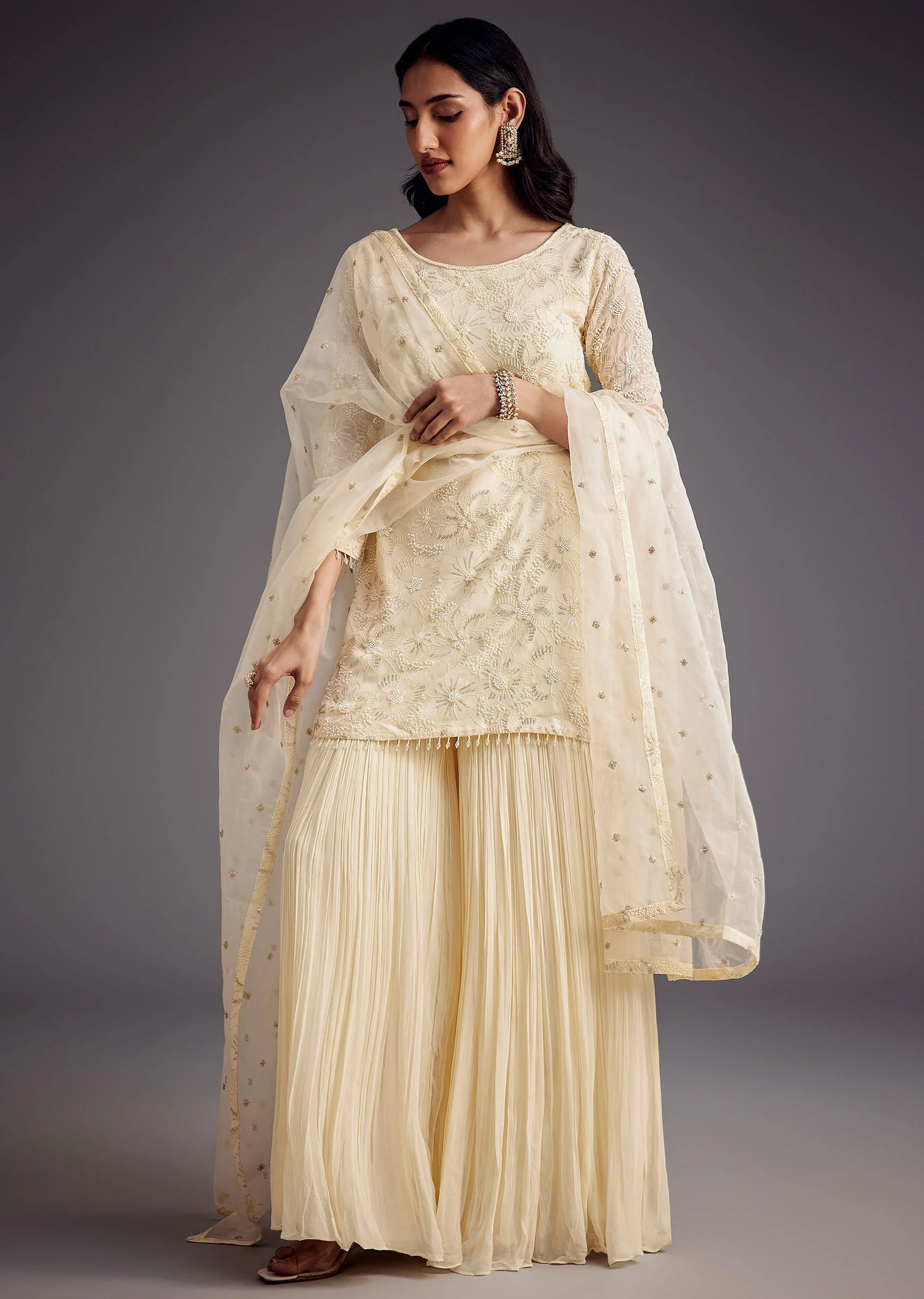 Off White Embroidered Sharara Set With Organza Dupatta - Image 4
