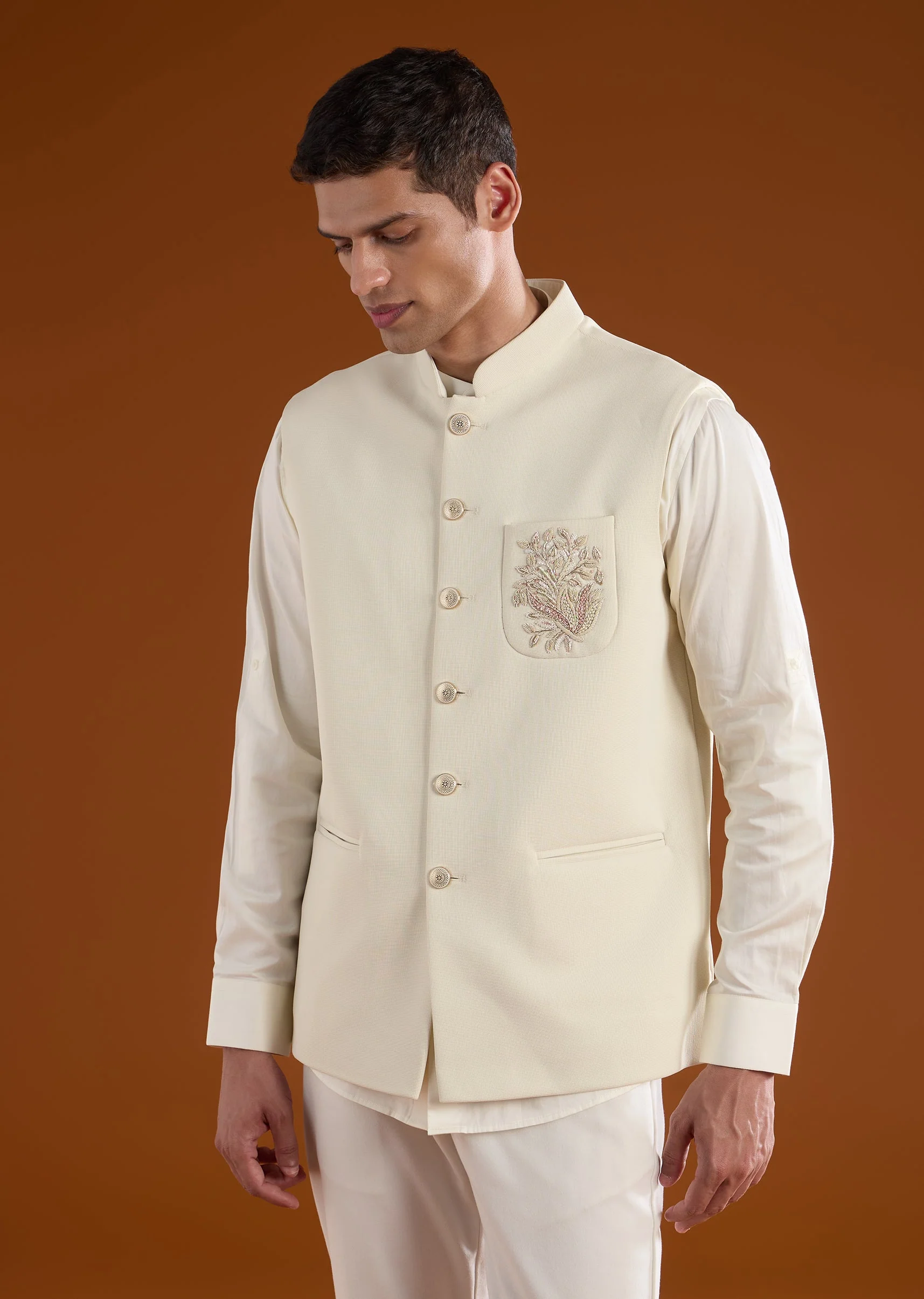 Off-White Embroidered Silk Kurta Jacket Set