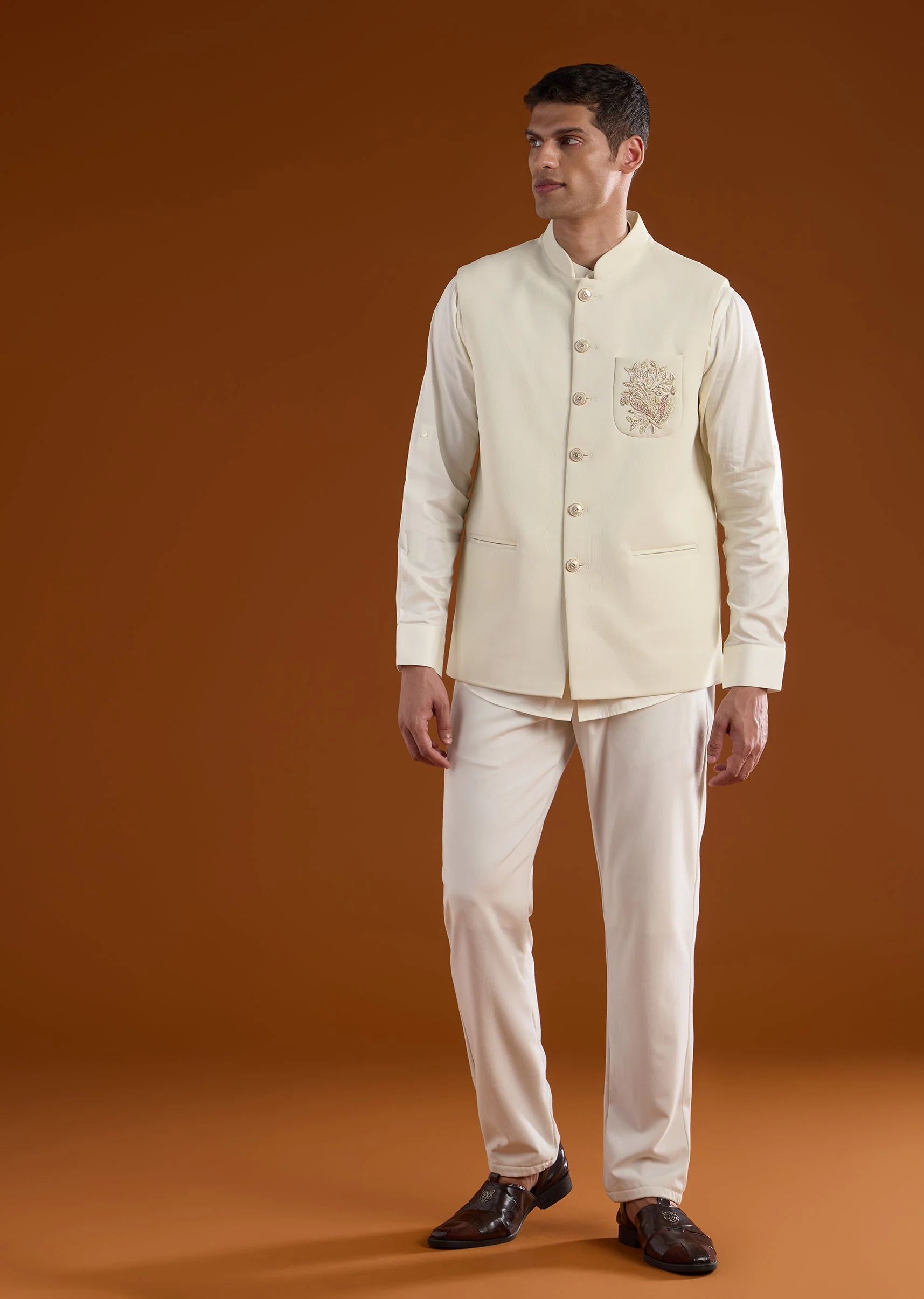 Off-White Embroidered Silk Kurta Jacket Set - Image 2