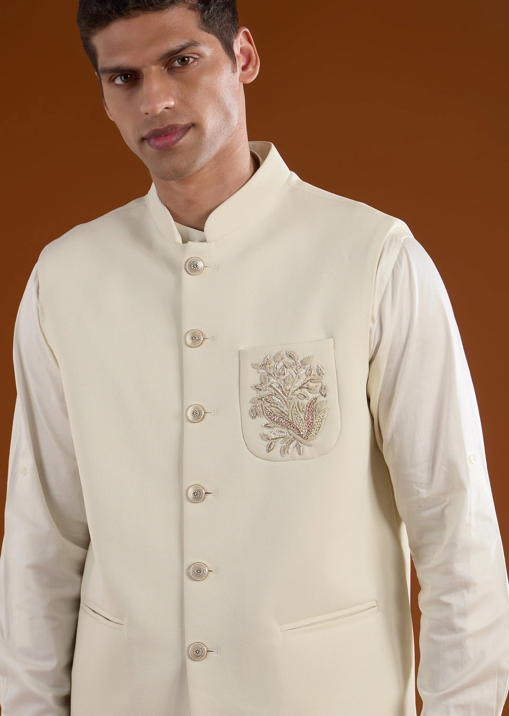Off-White Embroidered Silk Kurta Jacket Set - Image 3