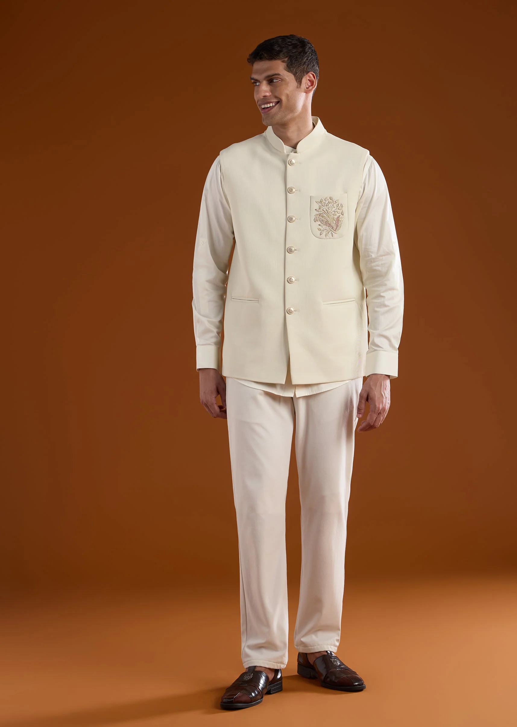 Off-White Embroidered Silk Kurta Jacket Set - Image 4