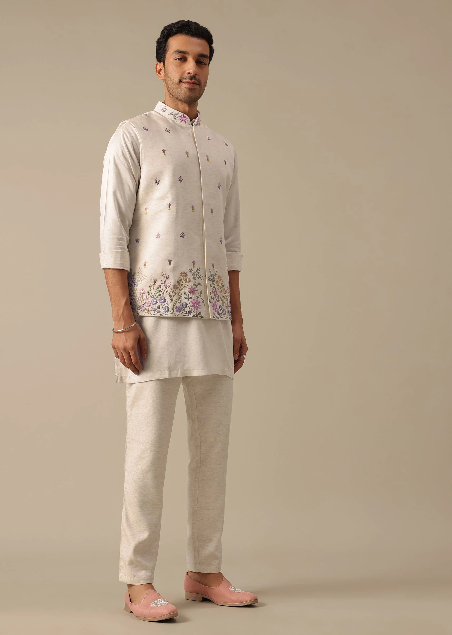Off White Floral Embroidered Jacket Kurta Set - Image 3