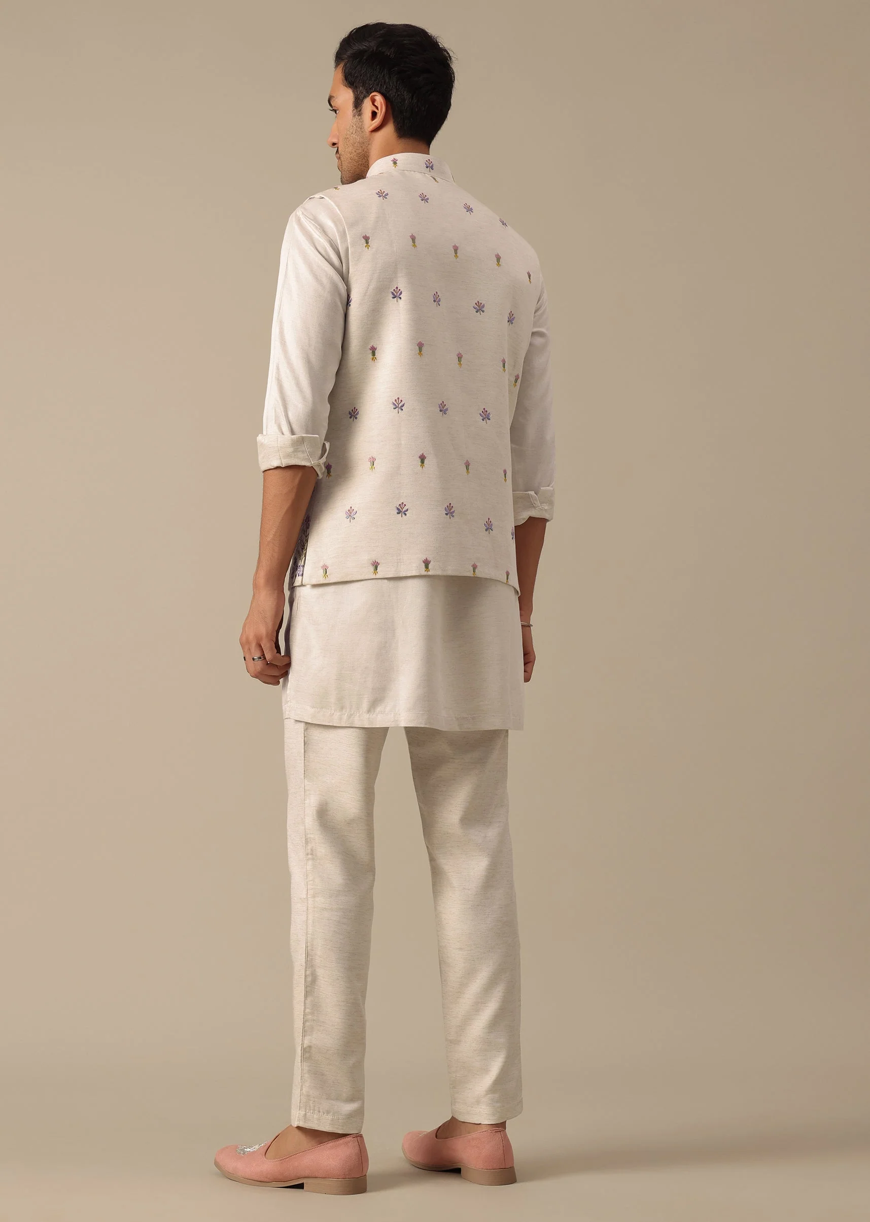 Off White Floral Embroidered Jacket Kurta Set - Image 6