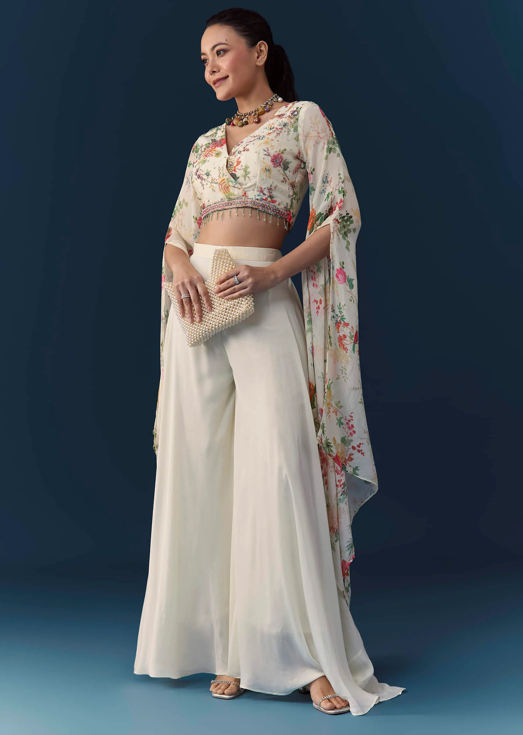 Off White Floral Print Crop Top Palazzo Set with Cutdana