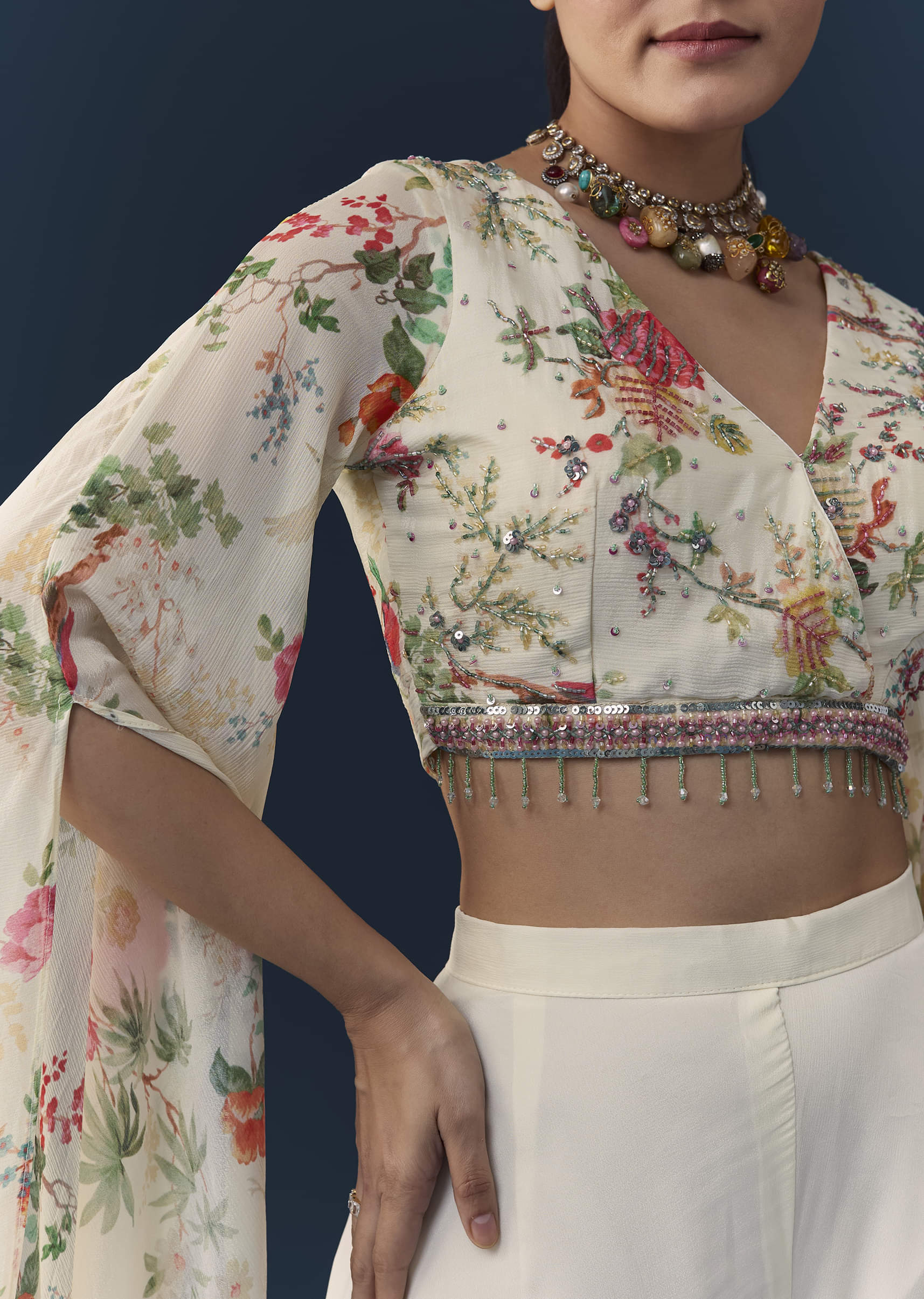Off White Floral Print Crop Top Palazzo Set with Cutdana - Image 2