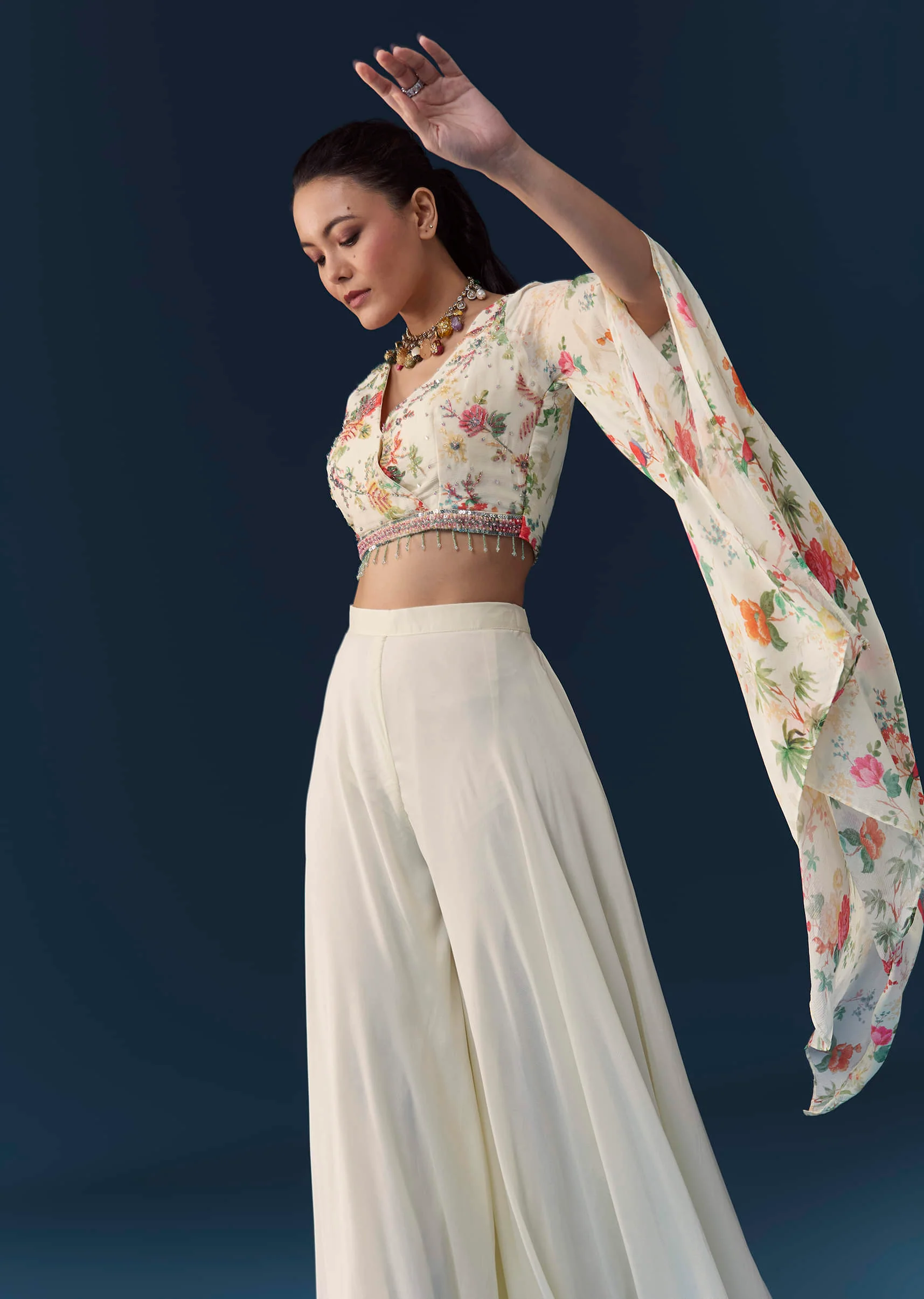 Off White Floral Print Crop Top Palazzo Set with Cutdana - Image 4