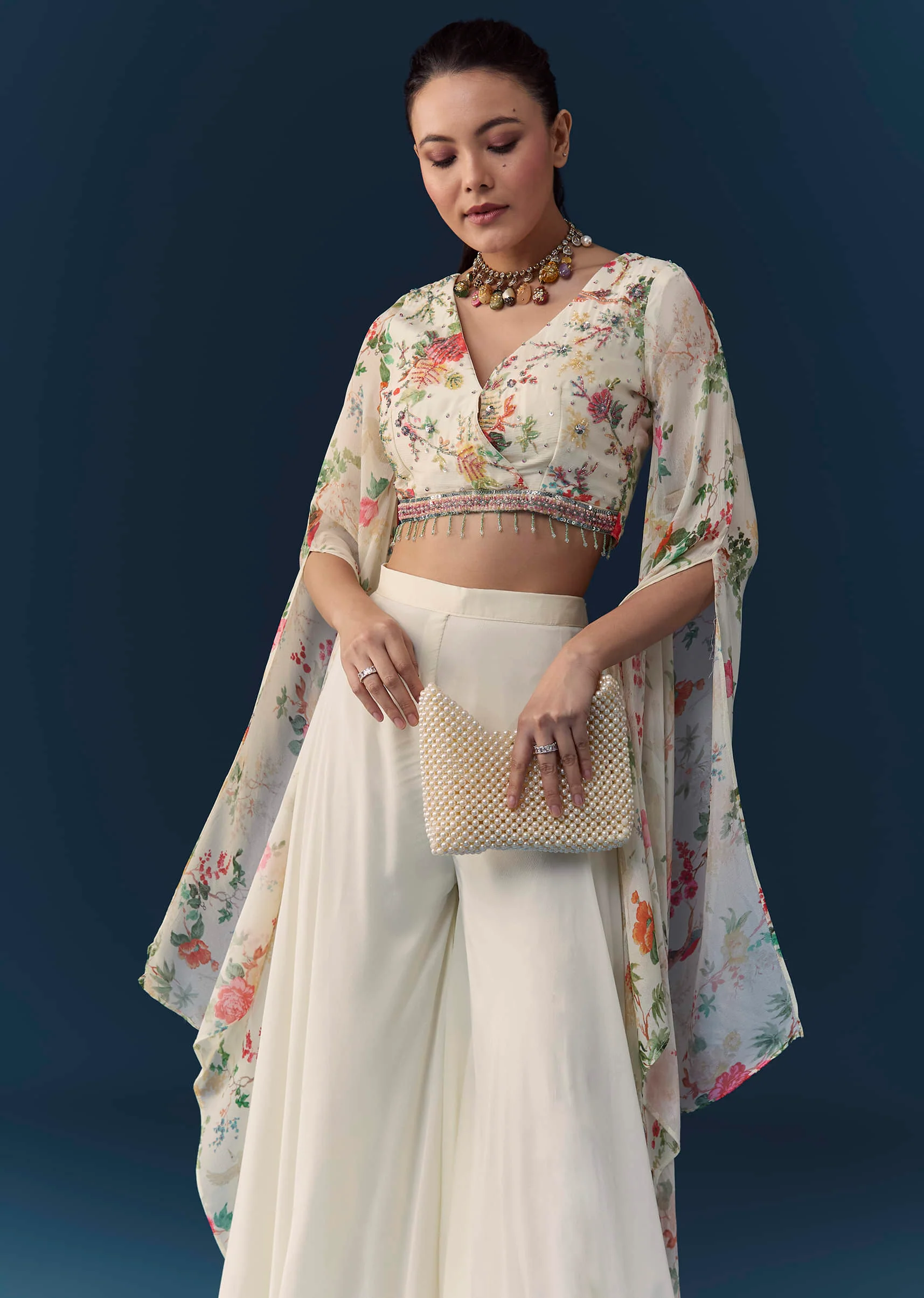 Off White Floral Print Crop Top Palazzo Set with Cutdana - Image 5
