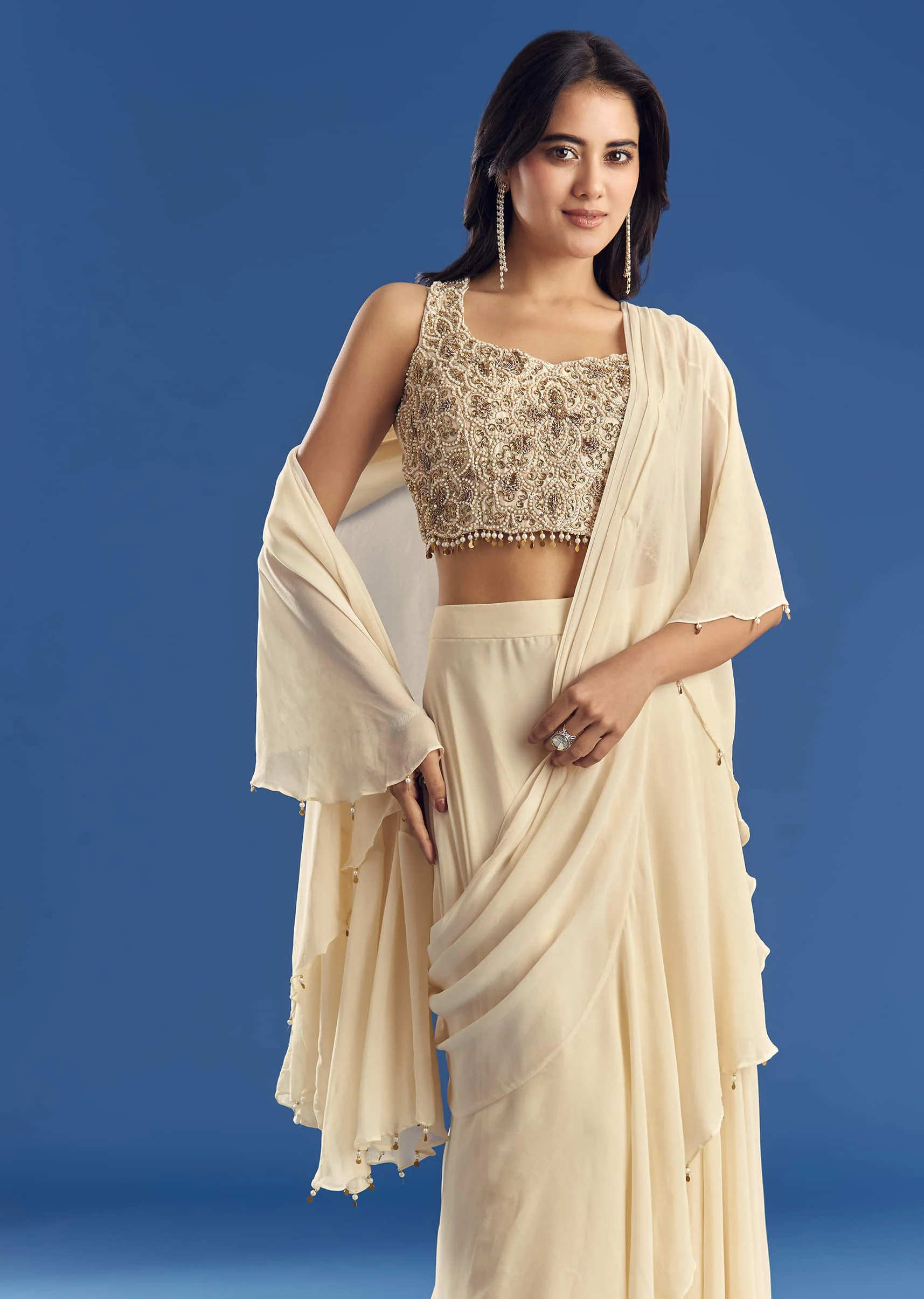 Off White Georgette Pre Draped Saree With Moti Zardosi Work - Image 2